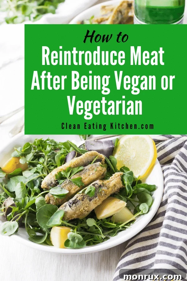 Infographic illustrating the process of reintroducing meat after a plant-based diet, showing steps like starting slow, aiding digestion, and choosing quality proteins.