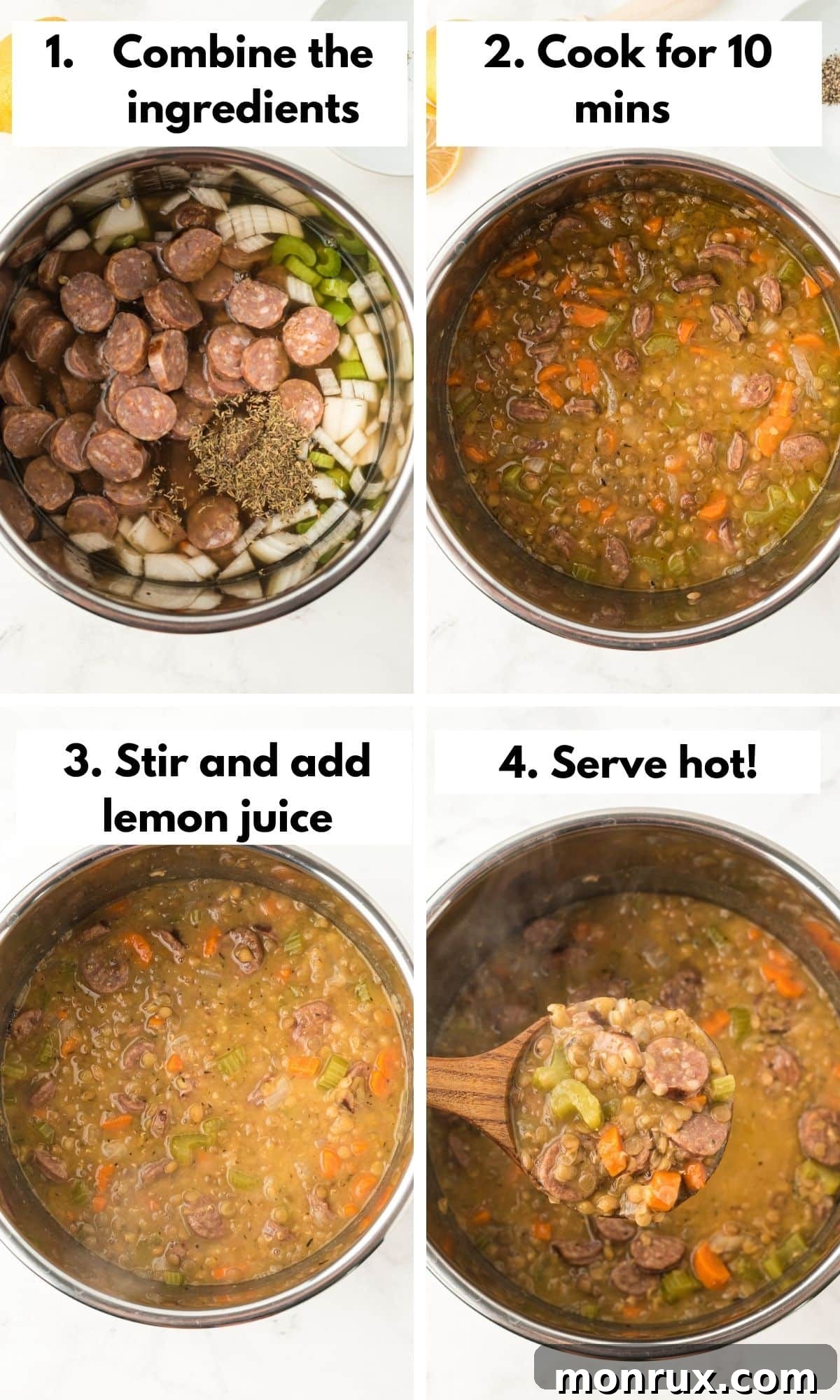 collage with photos on how to make instant pot lentil stew.