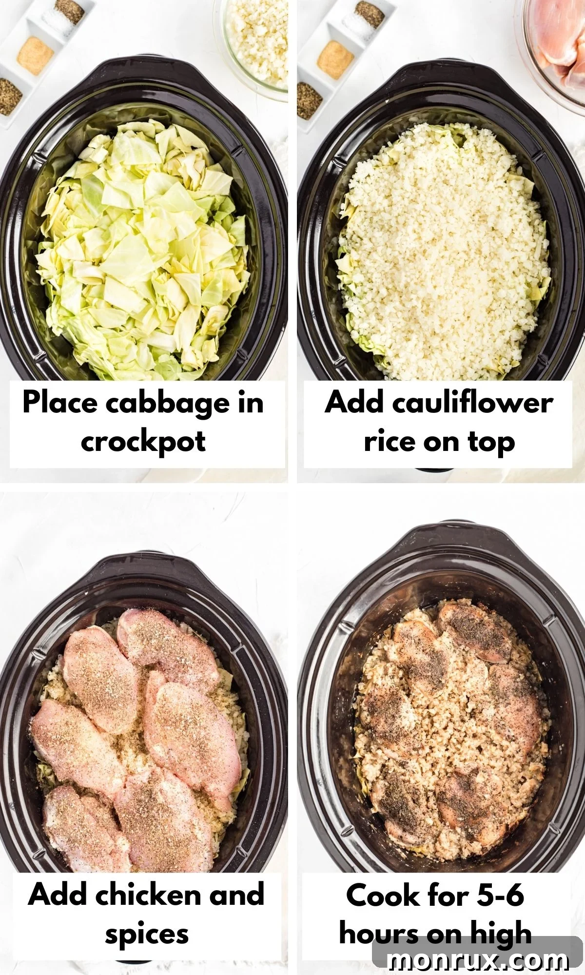 Labeled process photos showing the preparation of crockpot chicken and cabbage dish, from layering ingredients to the final cooked meal.