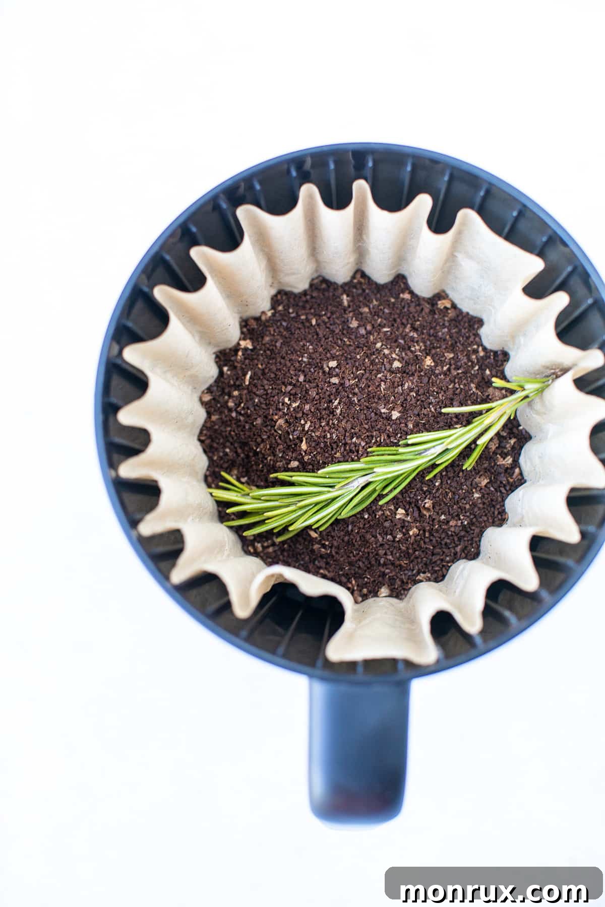 Coffee filter basket containing fresh coffee grounds, topped with a vibrant sprig of fresh rosemary, ready for brewing.