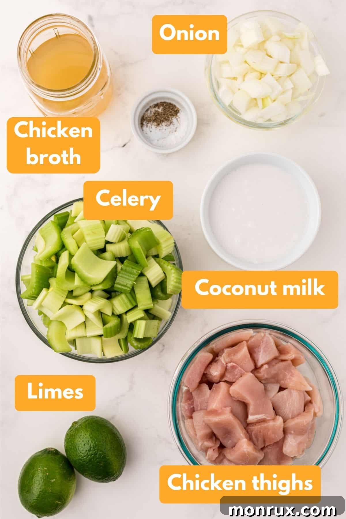 A selection of fresh ingredients laid out for making coconut chicken: chicken thighs, celery, onion, lime, and canned coconut milk.