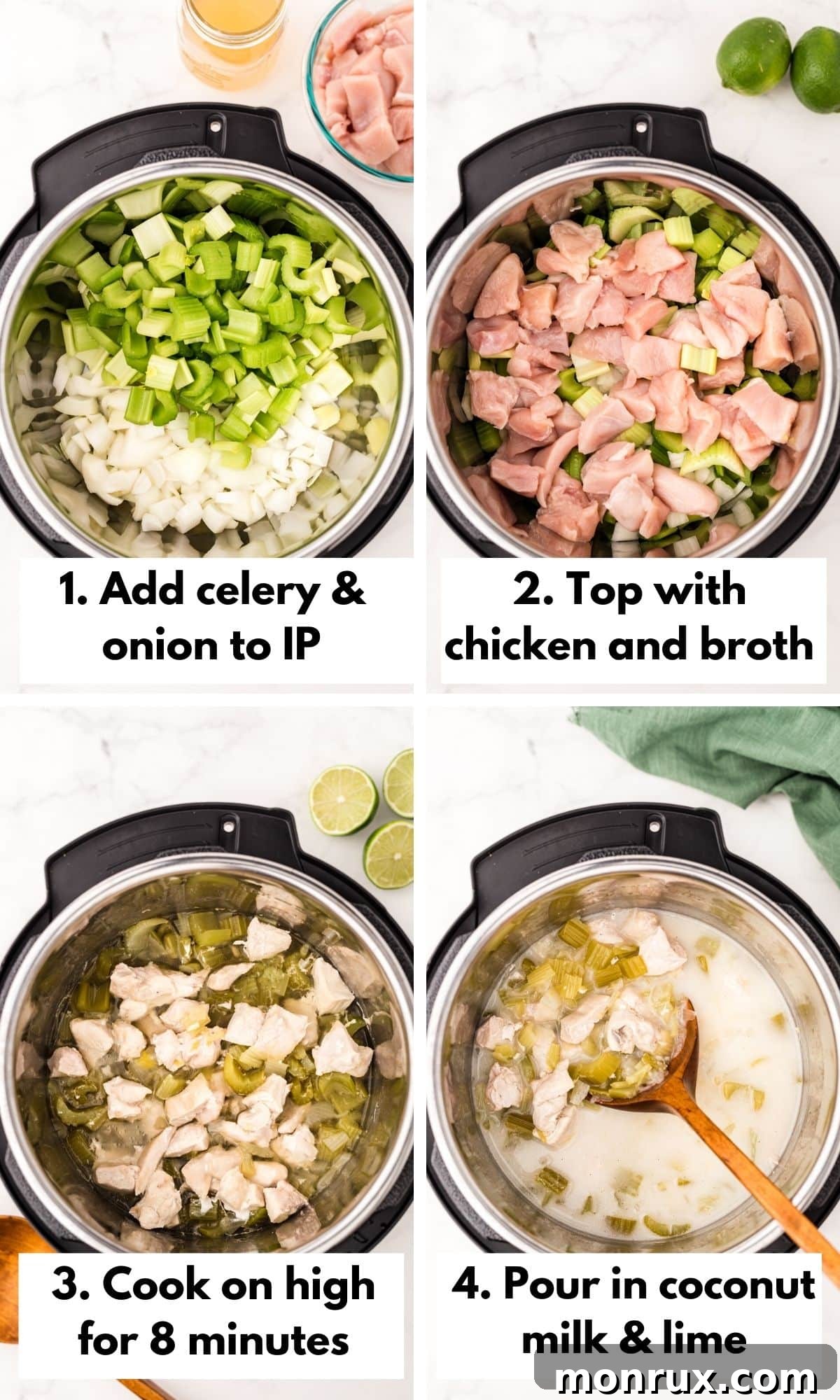 A collage of four process photos showing the stages of making Instant Pot coconut chicken: adding vegetables, adding chicken, pressure cooking, and stirring in coconut milk and lime.