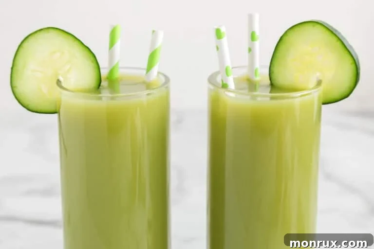 Two glasses of cucumber celery juice with cucumber wheels and straws.