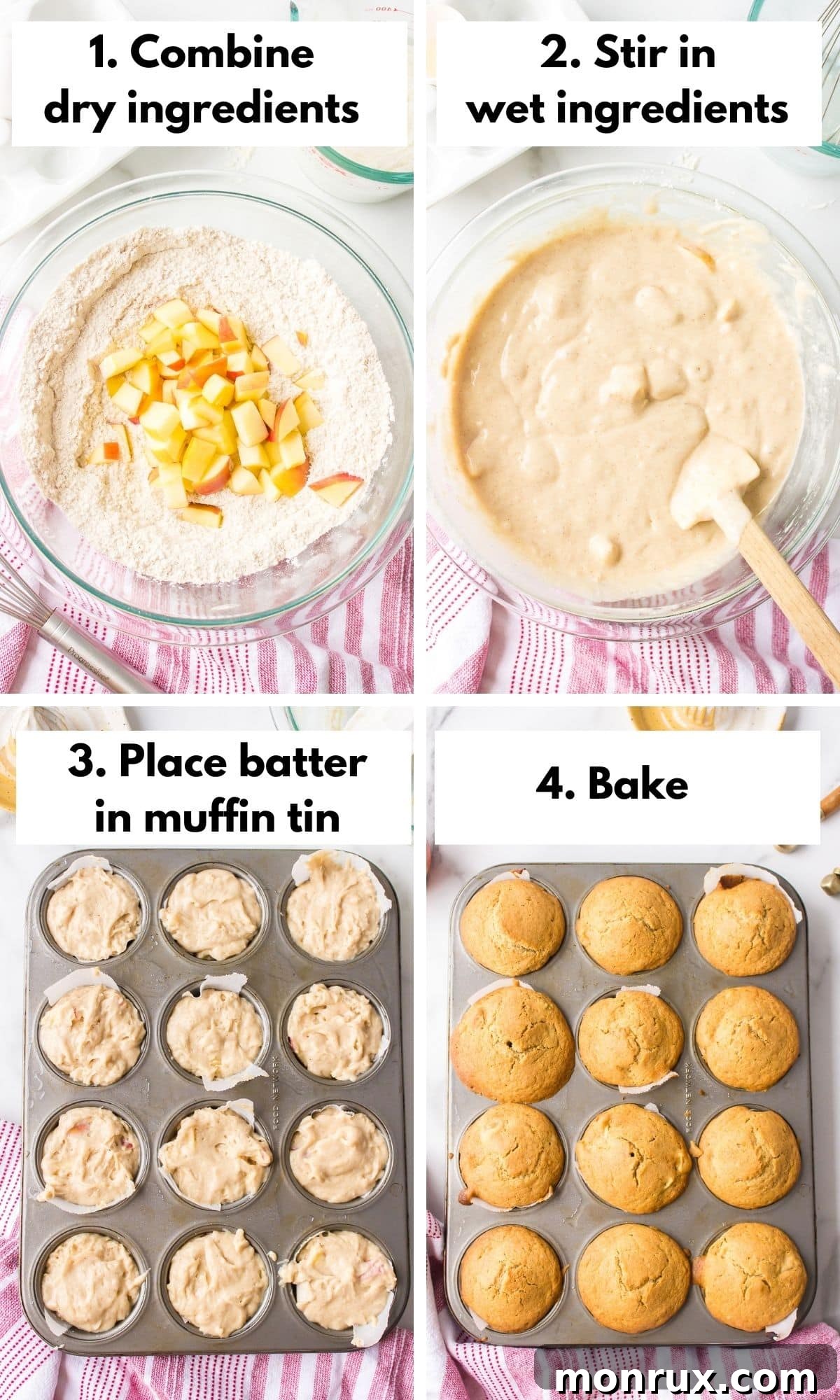 A photo collage demonstrating the process of mixing and preparing gluten-free apple muffin batter in bowls and then baking them in a muffin tin.