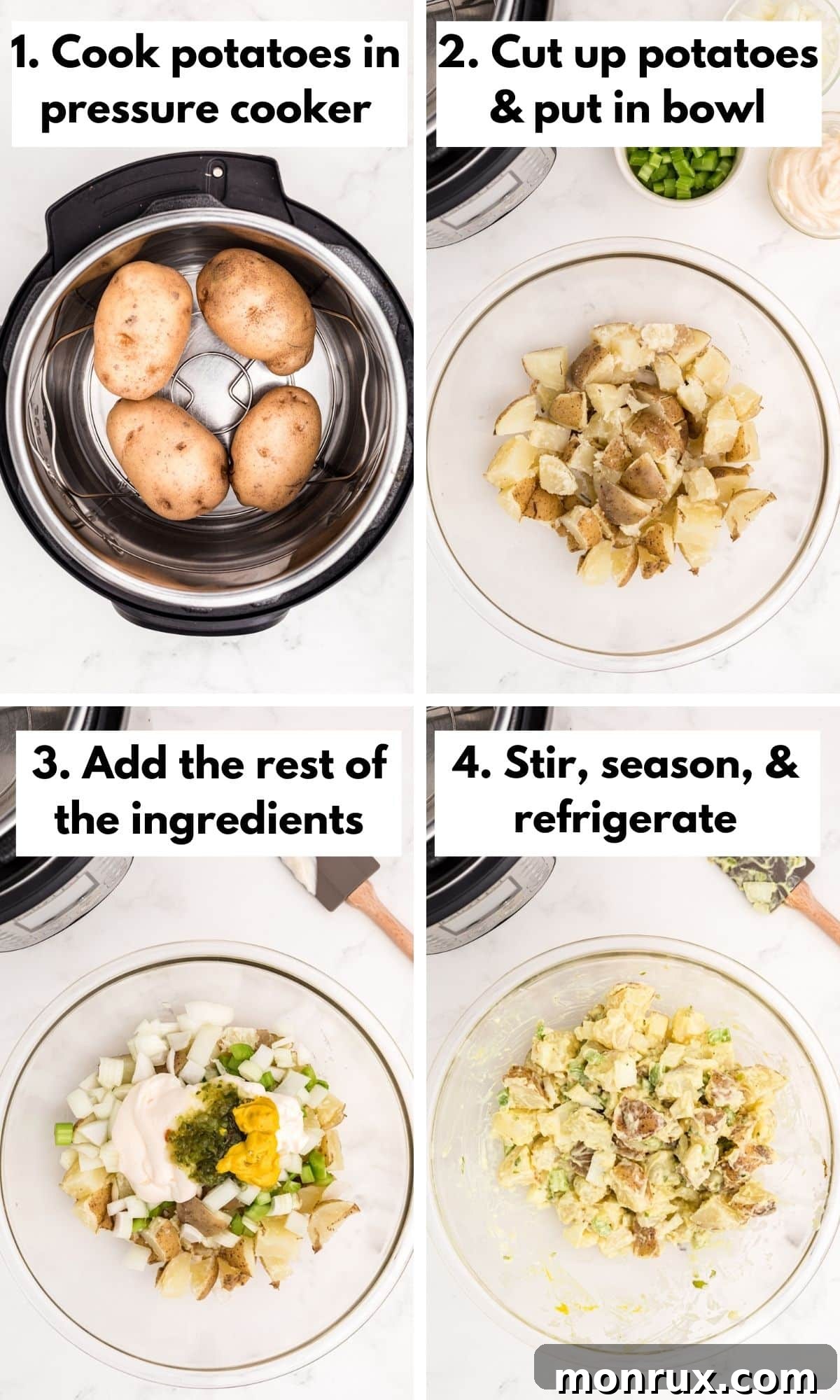 process photo collage for how to make potato salad without eggs.