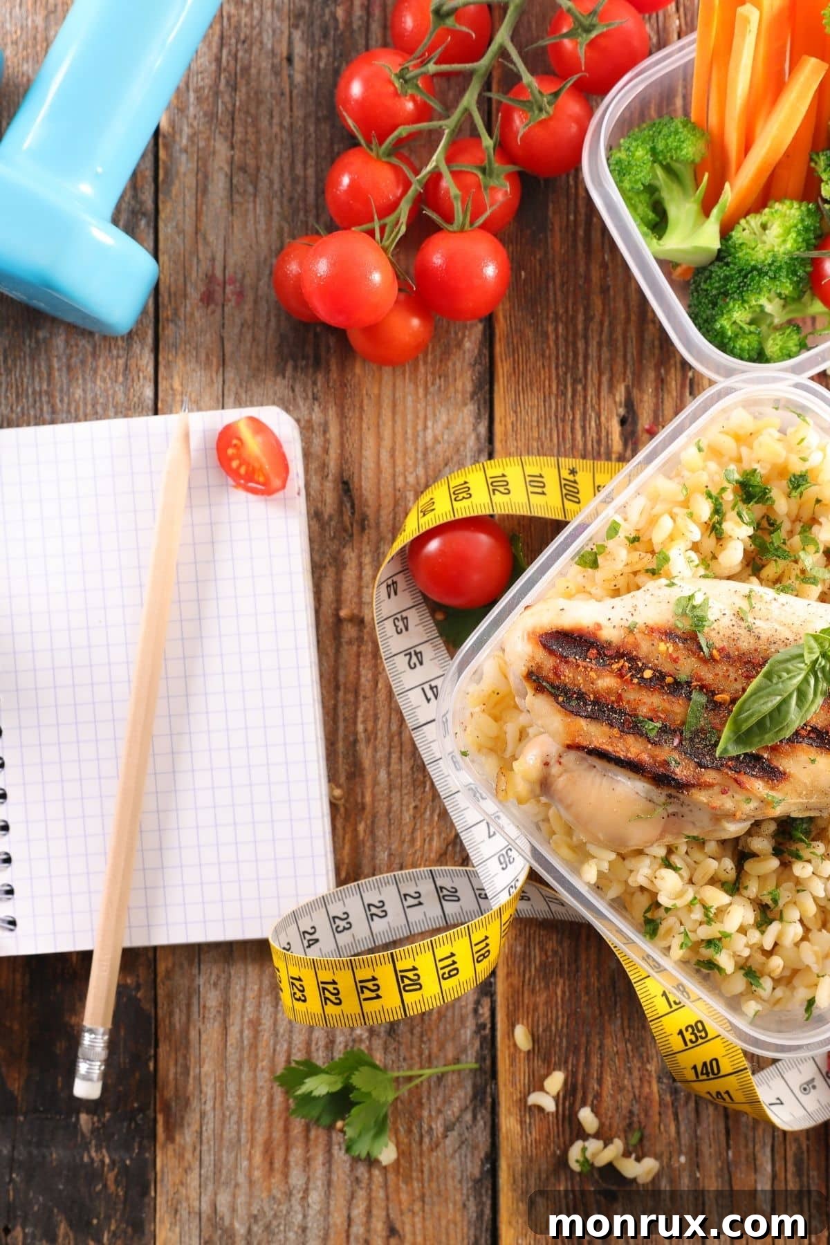 A diet journal, fresh fruits, vegetables, and healthy snacks arranged on a table, symbolizing mindful eating and dietary planning.