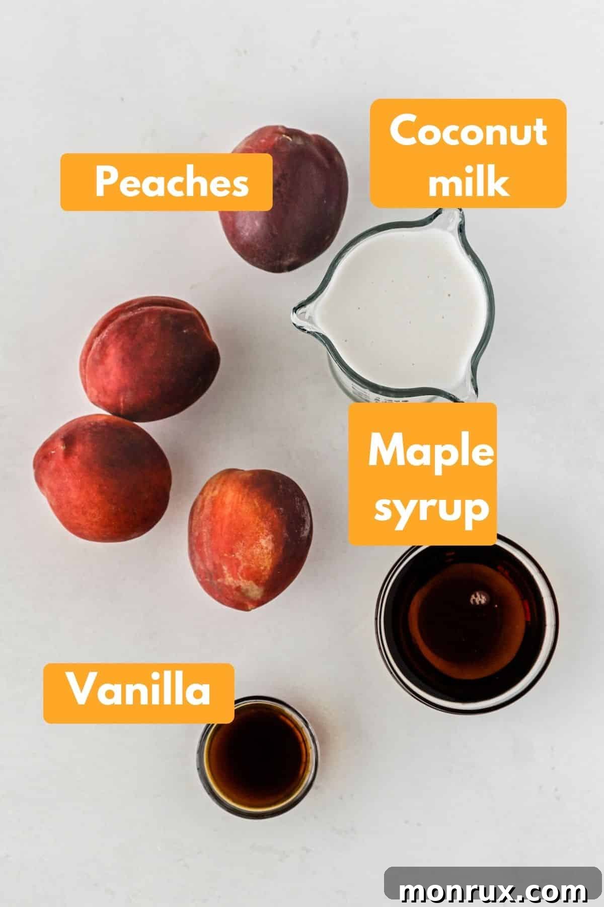 Photo illustrating the essential ingredients required to make delicious vegan peach ice cream: fresh peaches, full-fat coconut milk, maple syrup, and vanilla extract.