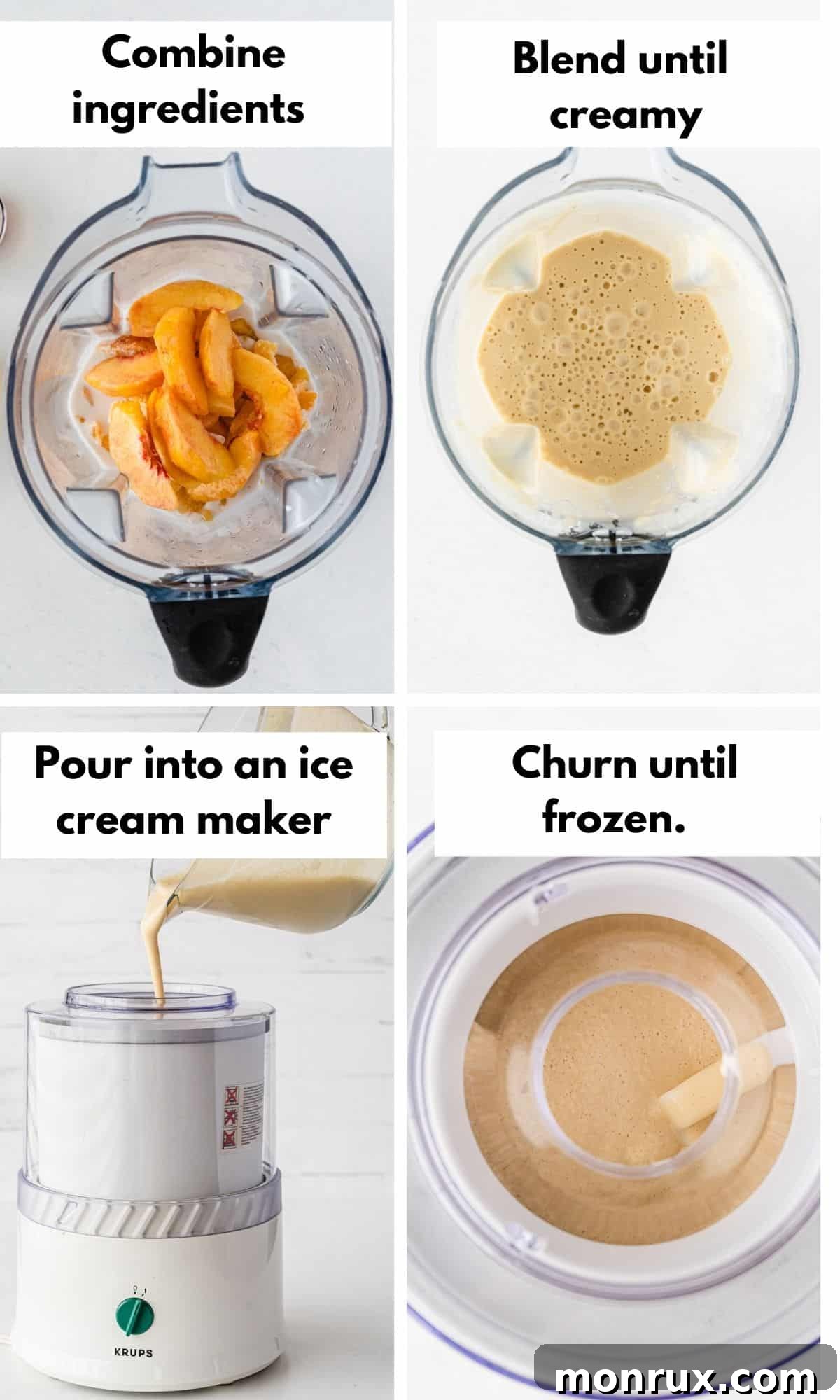 A collage of process photos demonstrating the steps for making homemade vegan peach ice cream, from blending ingredients to churning.