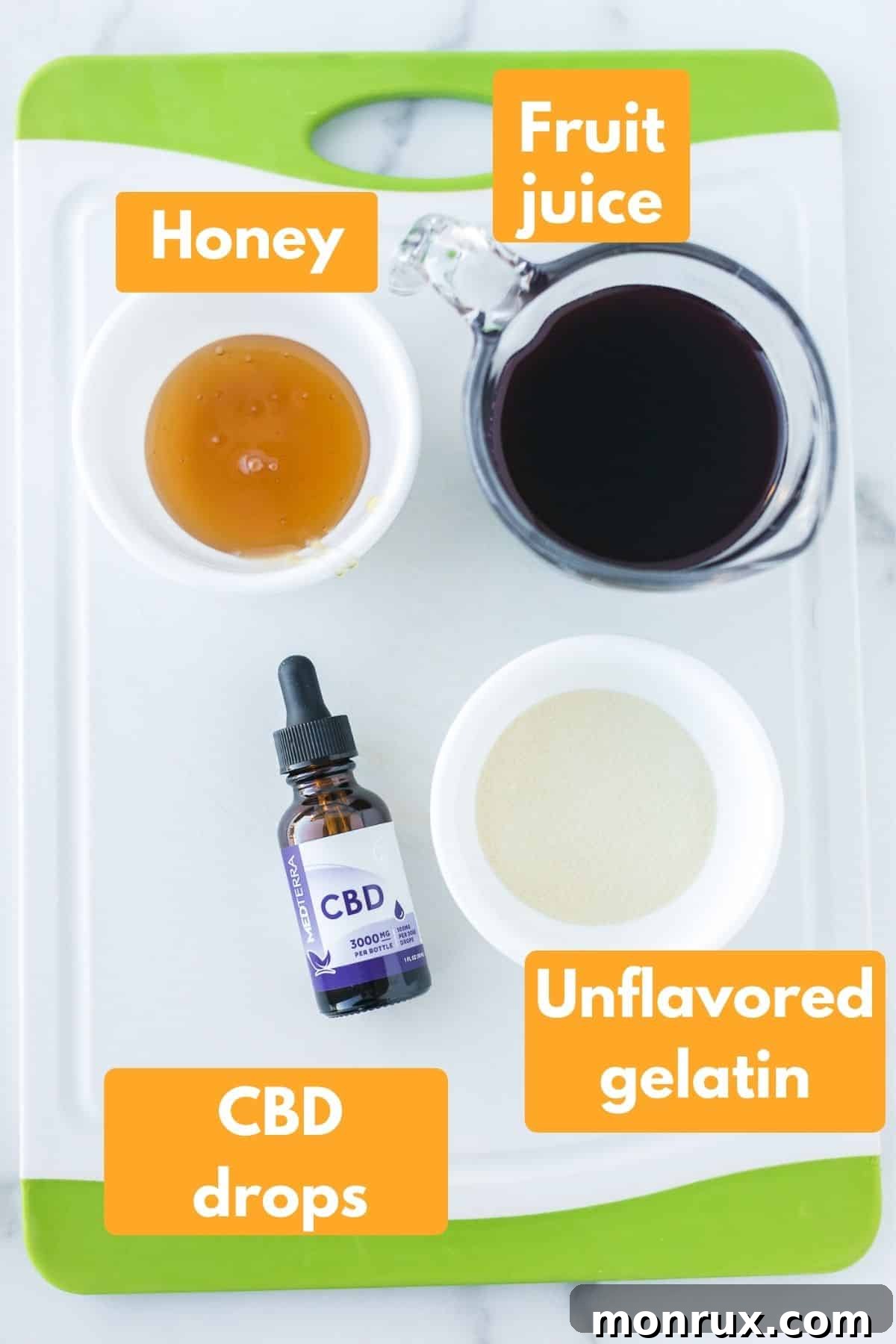 labeled photo with ingredients for homemade CBD gummies, including CBD oil, gelatin, honey, and fruit juice.