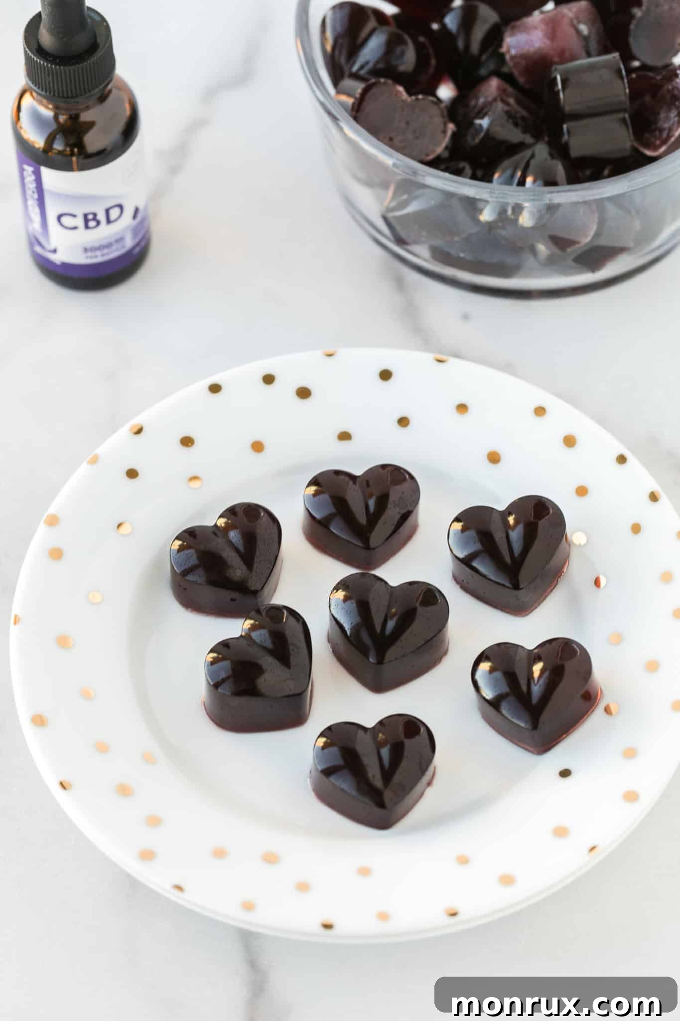 plate of CBD gummies served with a CBD tincture dropper, highlighting the source.