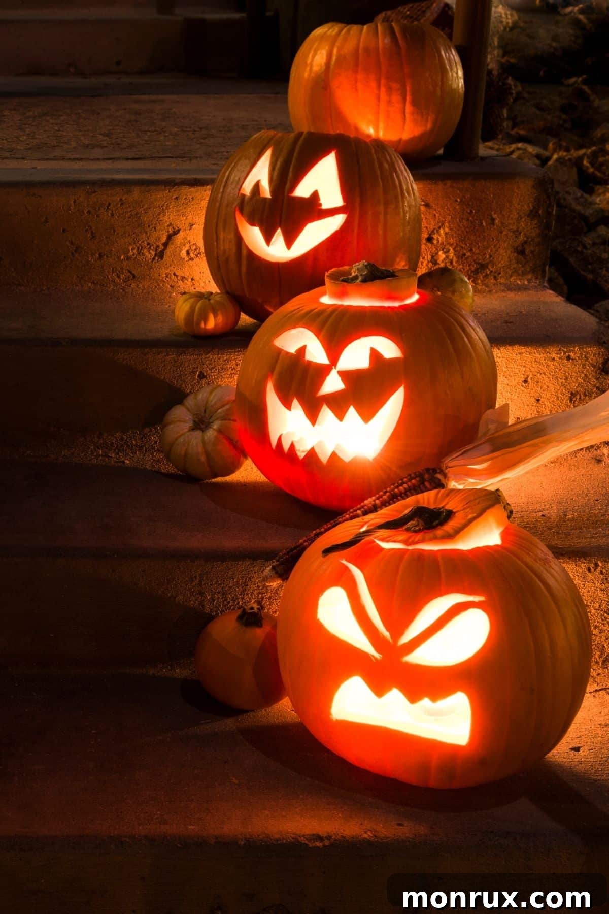 Three carved jack-o'-lanterns illuminated on a porch at dusk, creating a warm Halloween glow.