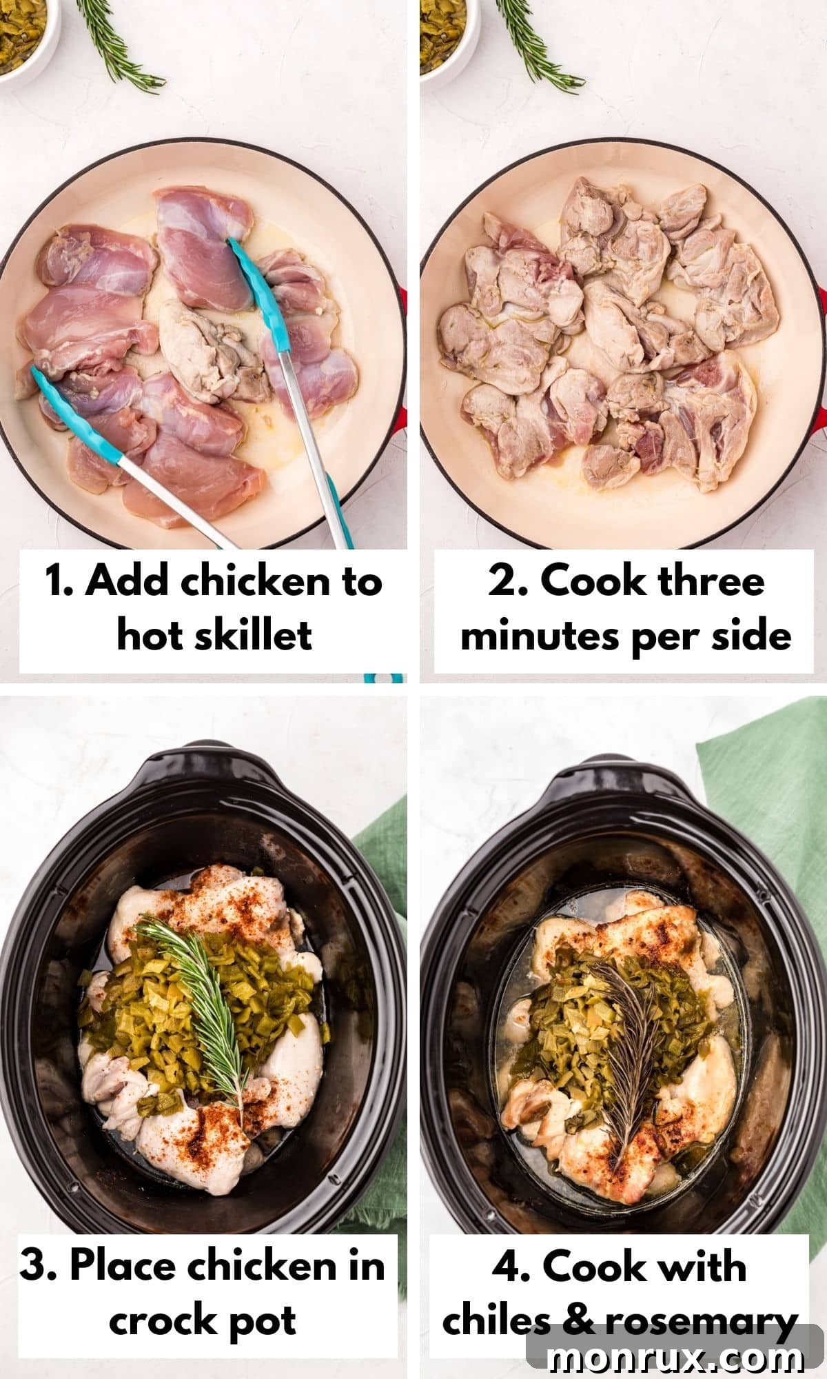 A visual guide on how to prepare crockpot chicken thighs with green chiles, showing raw chicken, seasoning, and green chiles being added to the slow cooker.