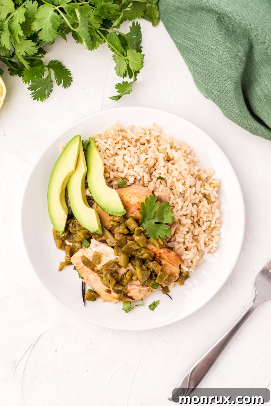 An inviting overhead view of shredded slow cooker green chile chicken served in a bowl with a side of white rice, avocado slices, and fresh cilantro, ready to eat.
