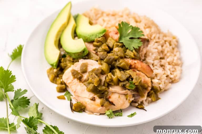 A bowl of Slow Cooker Green Chile Chicken with avocado and rice, ready to be enjoyed.