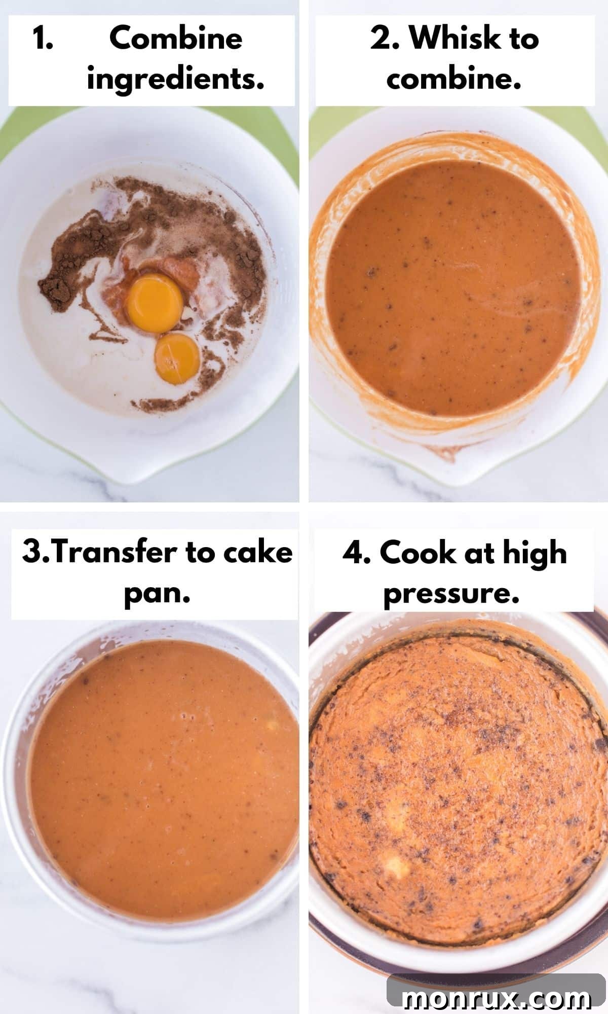 A collage showing the step-by-step process of making Instant Pot pumpkin pudding, from mixing ingredients to placing the pan in the Instant Pot and the finished product.