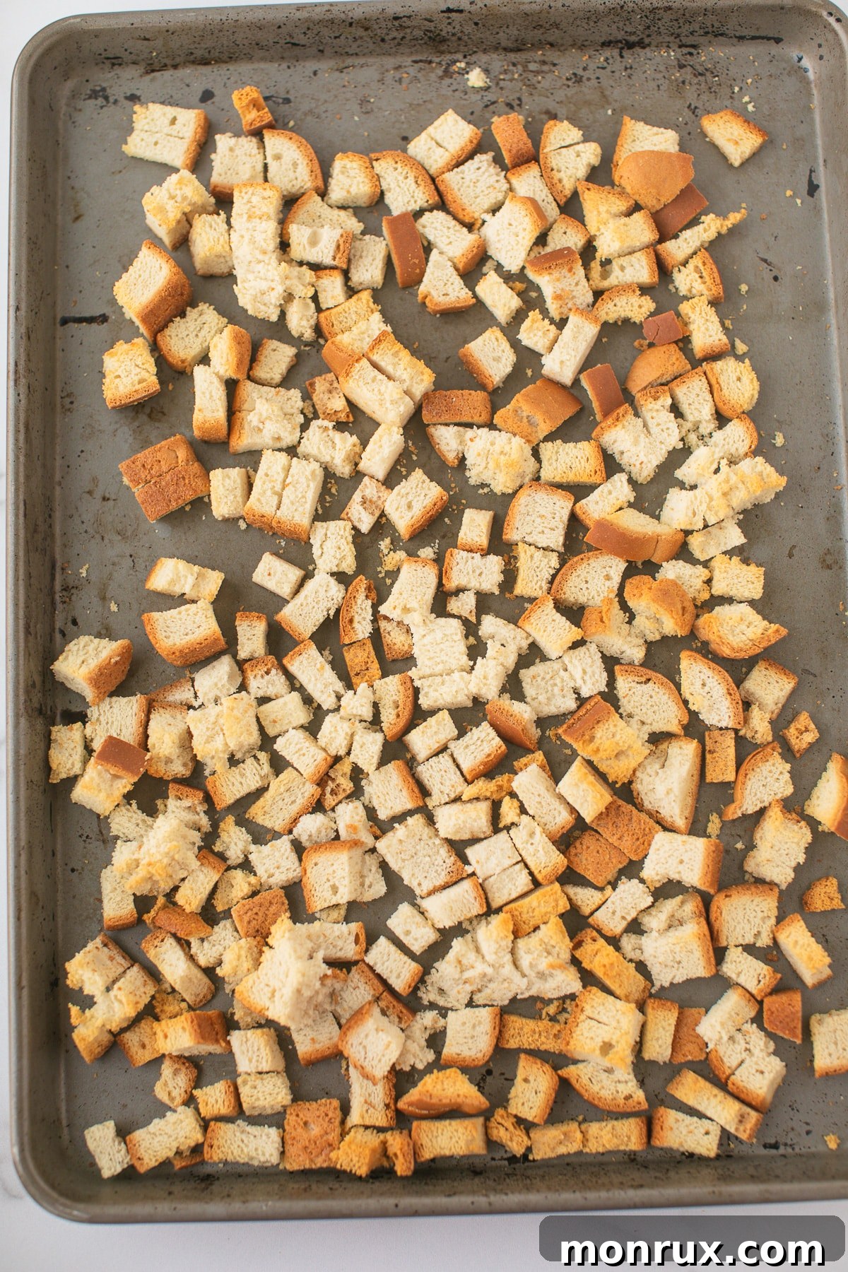 Perfectly dried and toasted bread cubes, ready to be transformed into delicious stuffing.