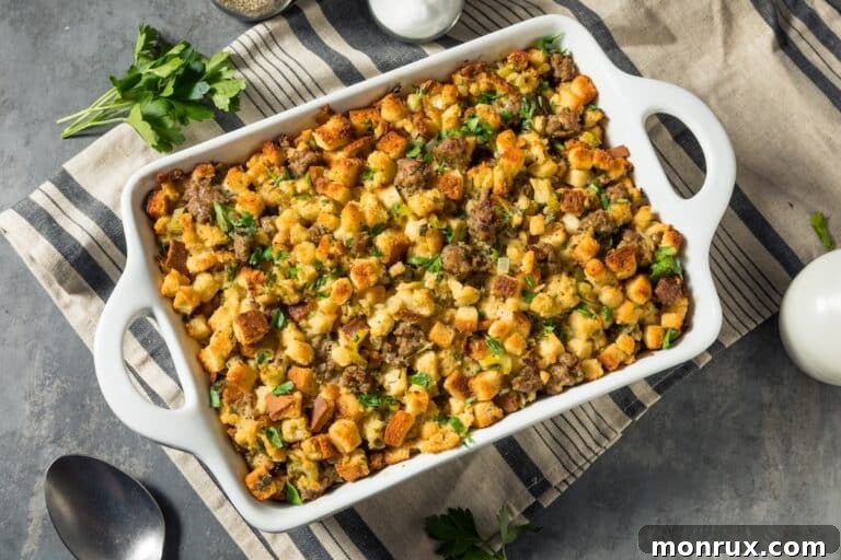 Delicious Instant Pot Sausage Stuffing presented beautifully in a serving dish.