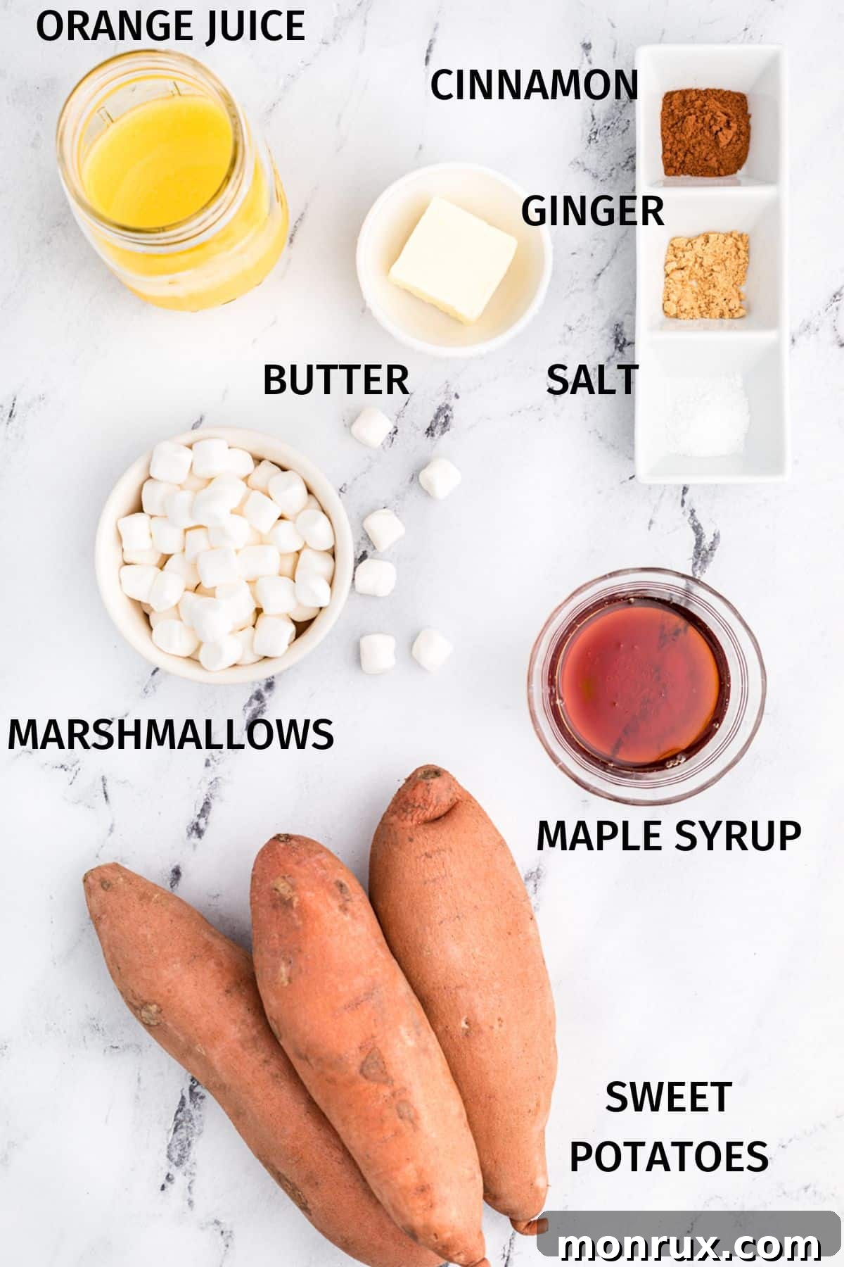 Ingredients to make Instant Pot candied yams in small bowls on a white surface, including peeled yams, orange juice, maple syrup, spices, and butter.