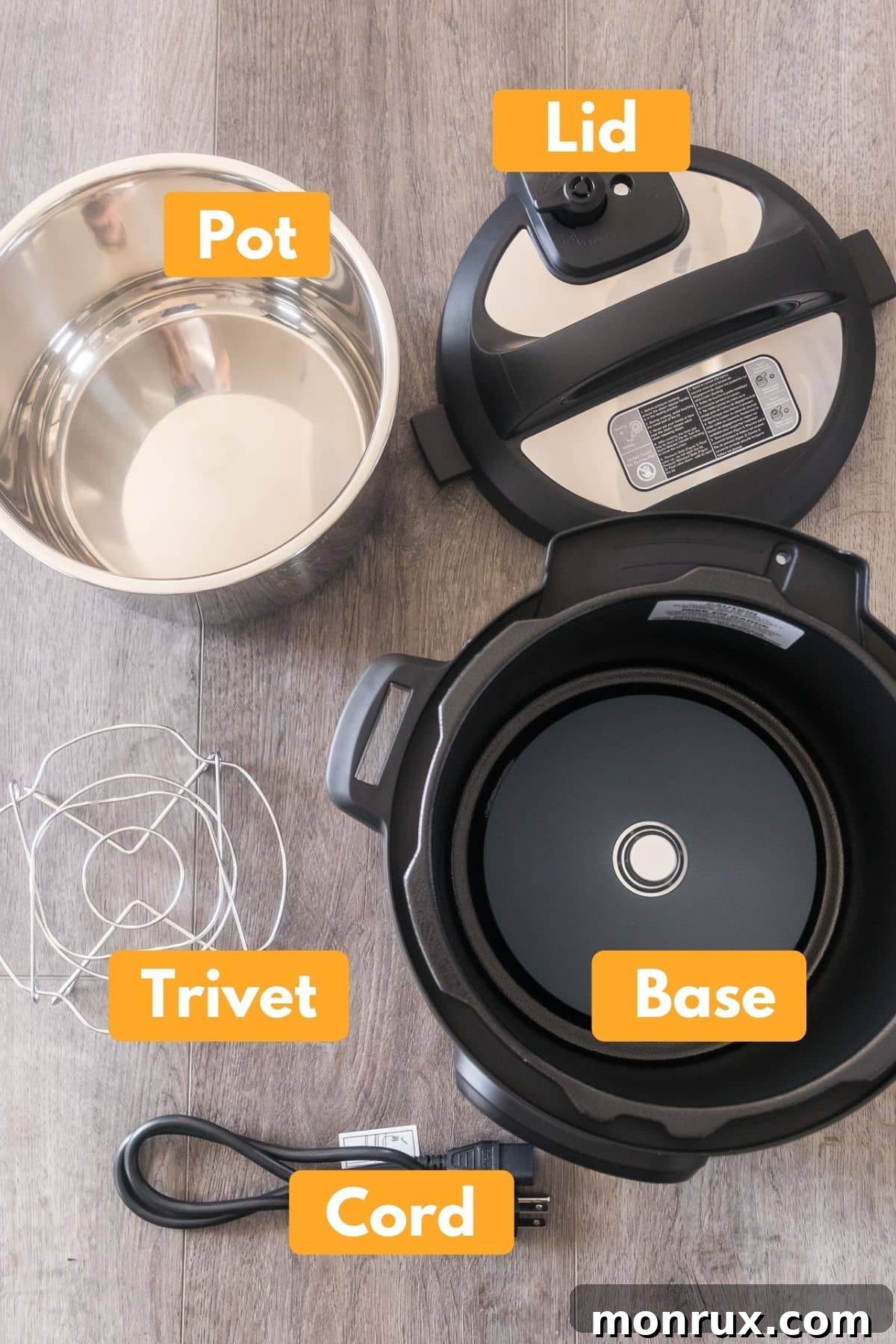 Labeled diagram of Instant Pot Duo parts on a kitchen counter.