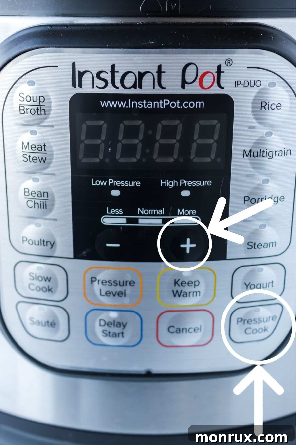 Close-up photo of the Instant Pot Duo control panel with various buttons.