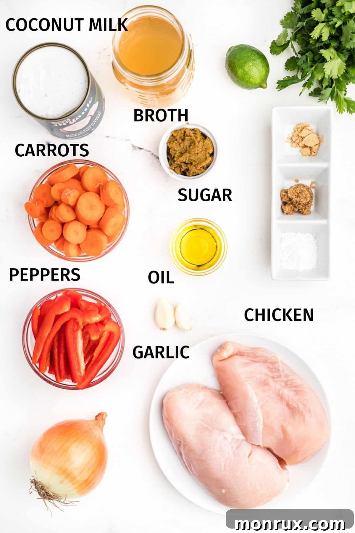 Individual bowls displaying ingredients for Instant Pot Thai Chicken Curry Soup: chicken pieces, coconut milk, curry paste, onions, bell peppers, and fresh lime.