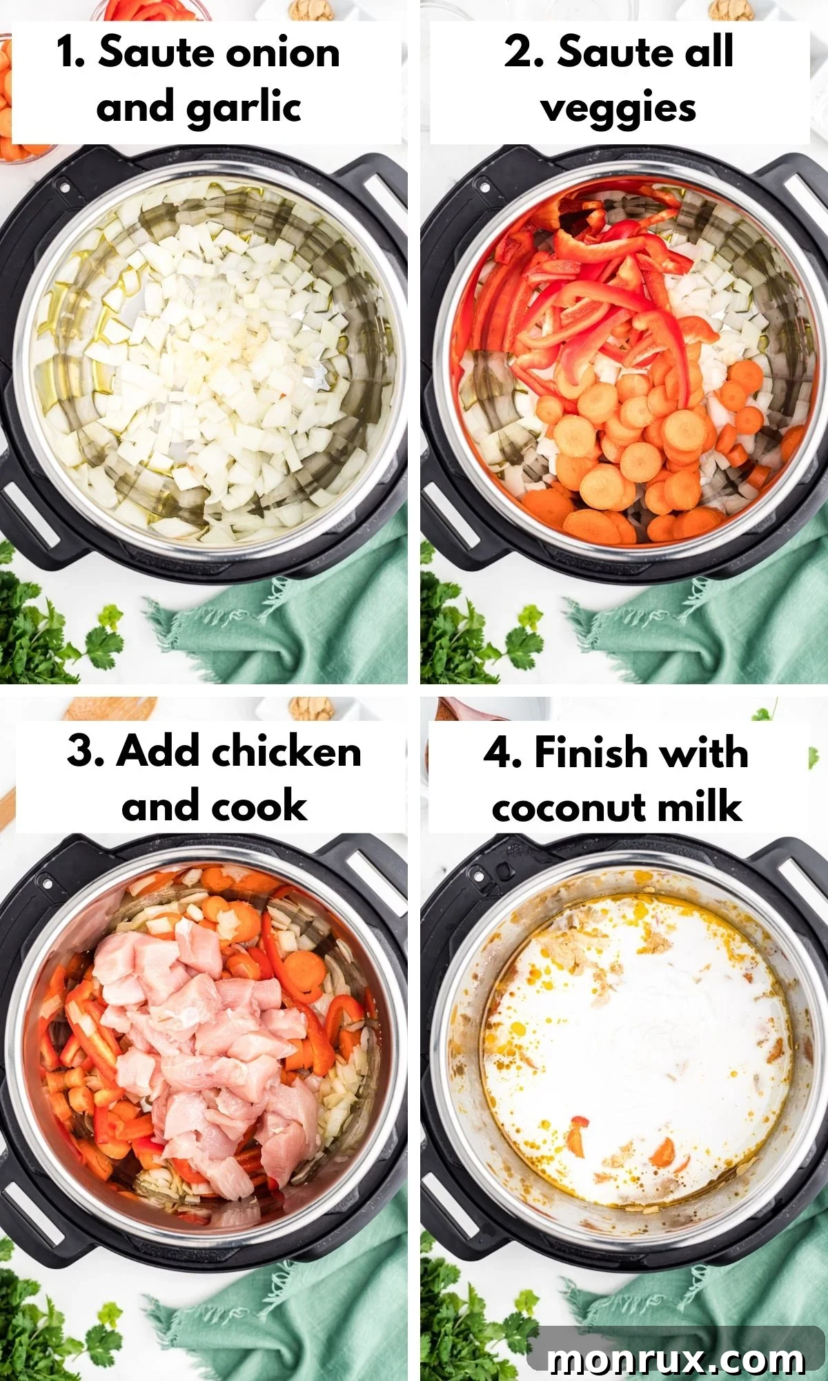 A four-panel collage showing the cooking process of Thai Chicken Curry in an Instant Pot, from sautéing vegetables to adding chicken and then the finished soup.
