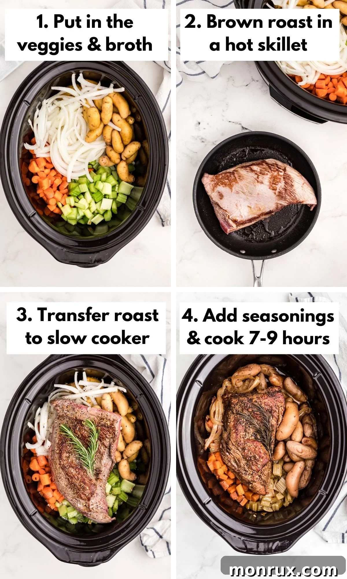 Visual guide on how to cook a tri-tip roast in a slow cooker, showing the meat being placed over vegetables.