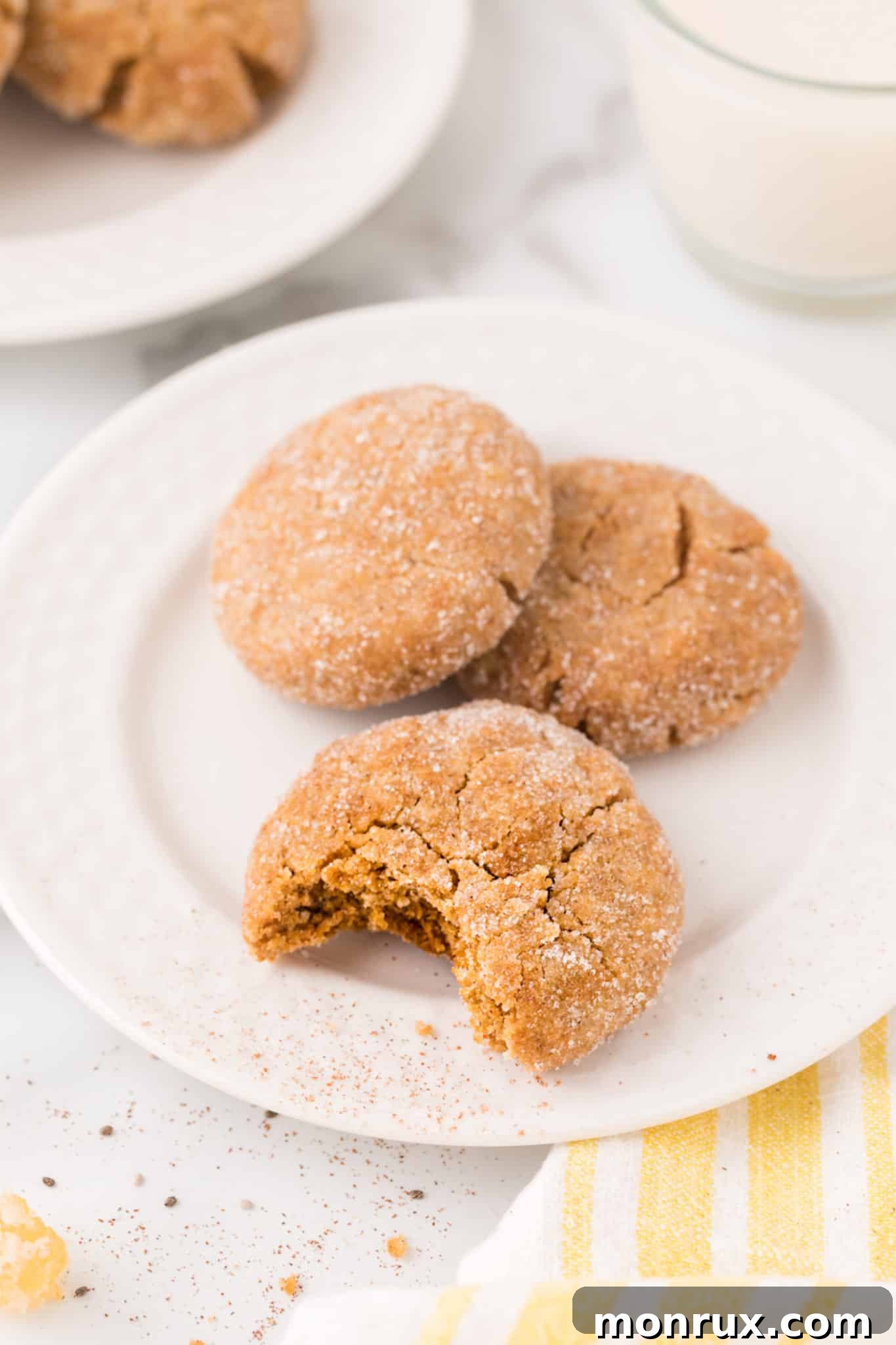 A perfectly baked, soft and chewy vegan gingersnap cookie with a subtle crackle, resting on a rustic white plate, ready for a bite.