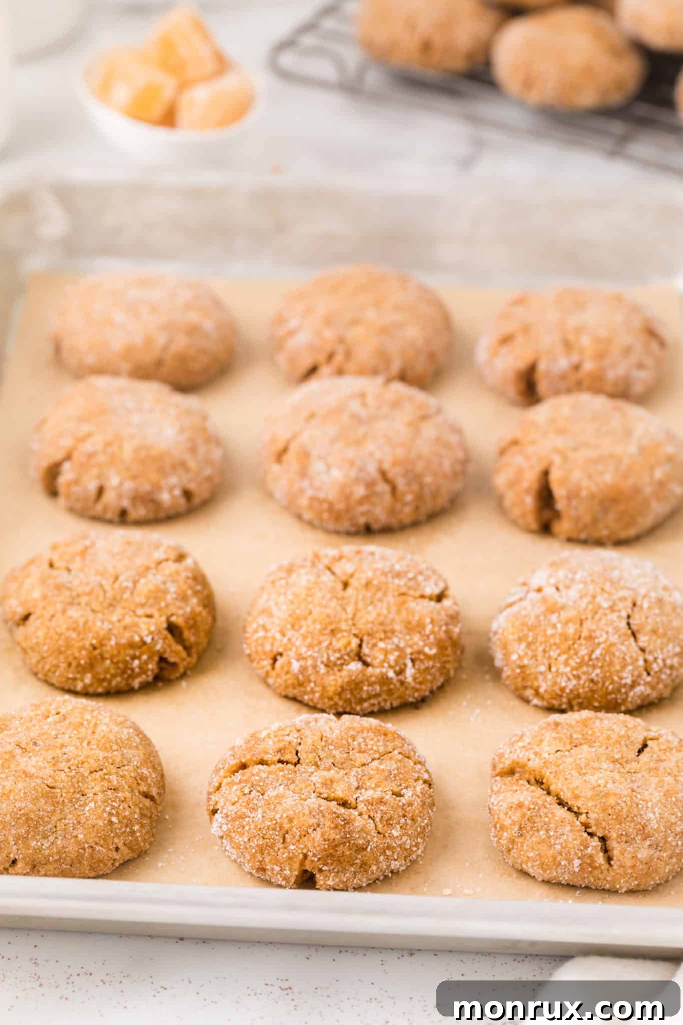 Freshly baked vegan gingersnap cookies, with golden-brown tops and characteristic cracks, cooling on a wire rack over parchment paper.