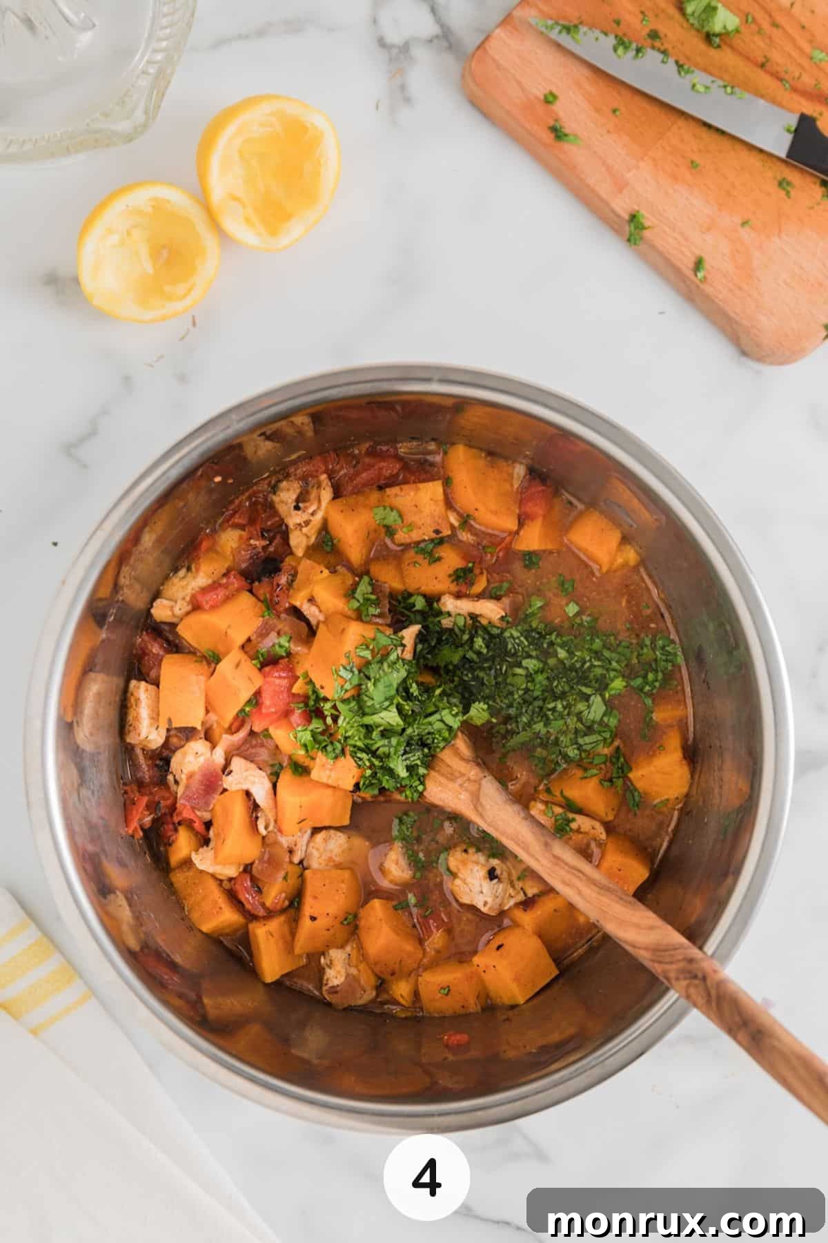 chicken and sweet potato cooking in instant pot step four, showing the finished dish in the pot.