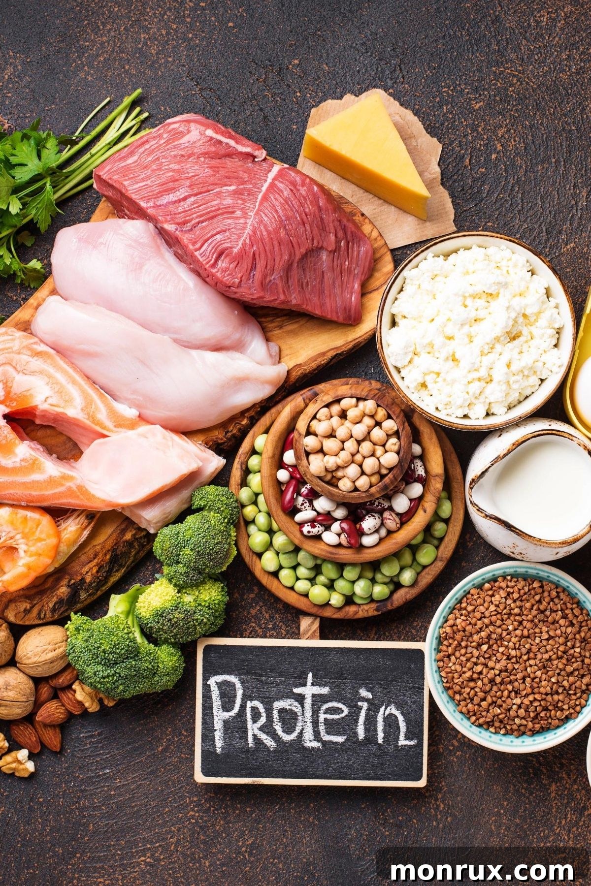 A diverse buffet of foods high in protein, showcasing healthy choices.