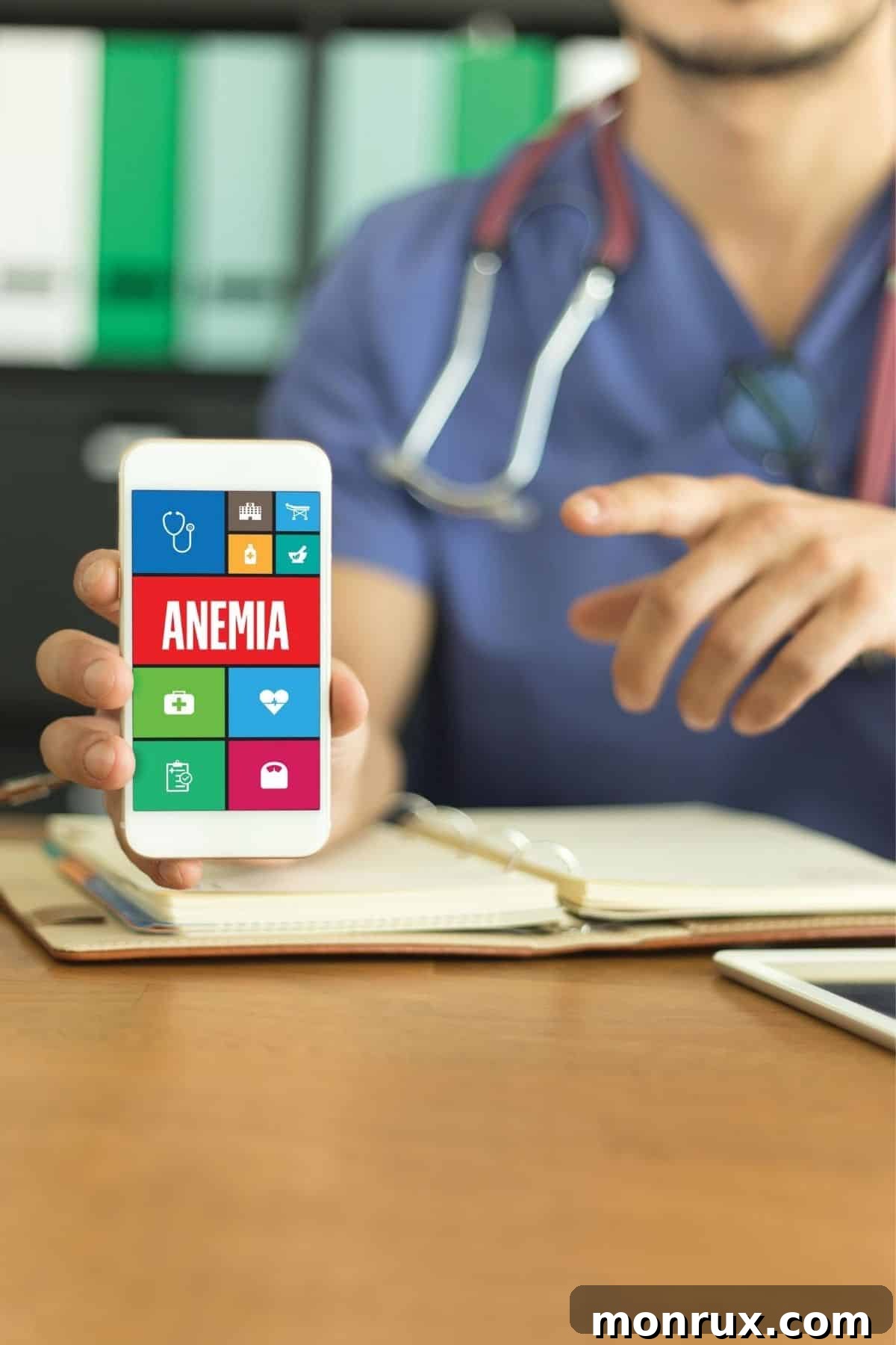 A doctor holding up a phone displaying 'anemia', representing diagnosis and awareness.
