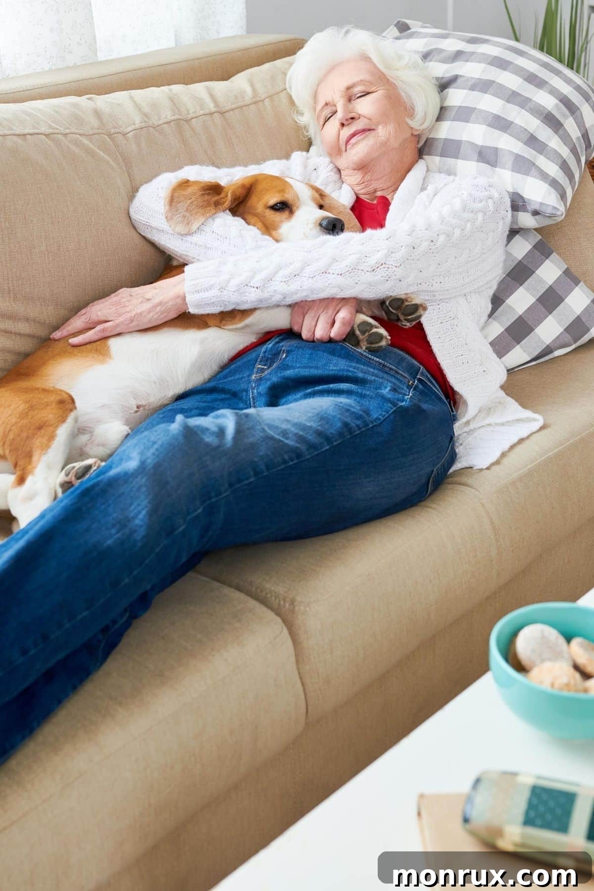 A woman napping on a couch with her dog, illustrating comfort and rest.