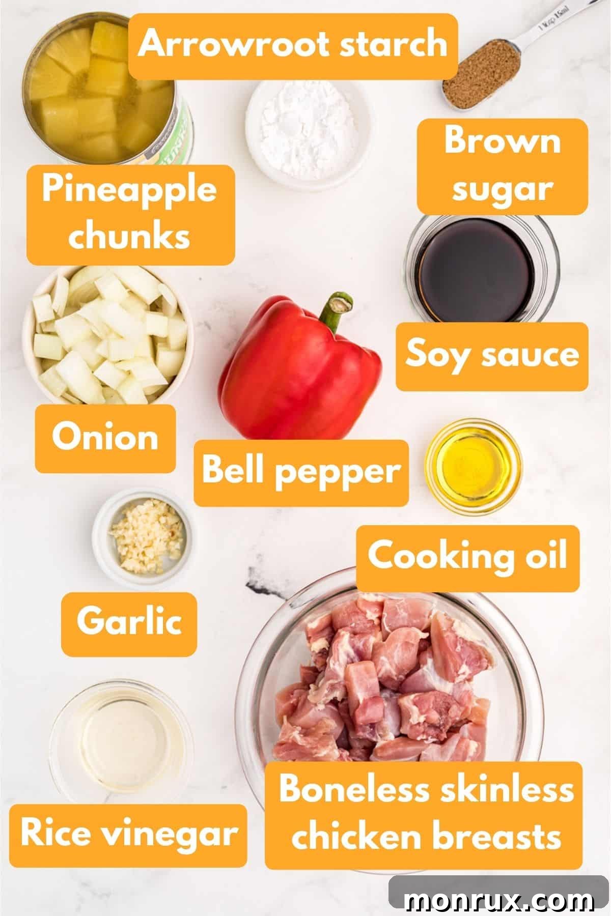 Ingredients laid out for Instant Pot Pineapple Chicken recipe.