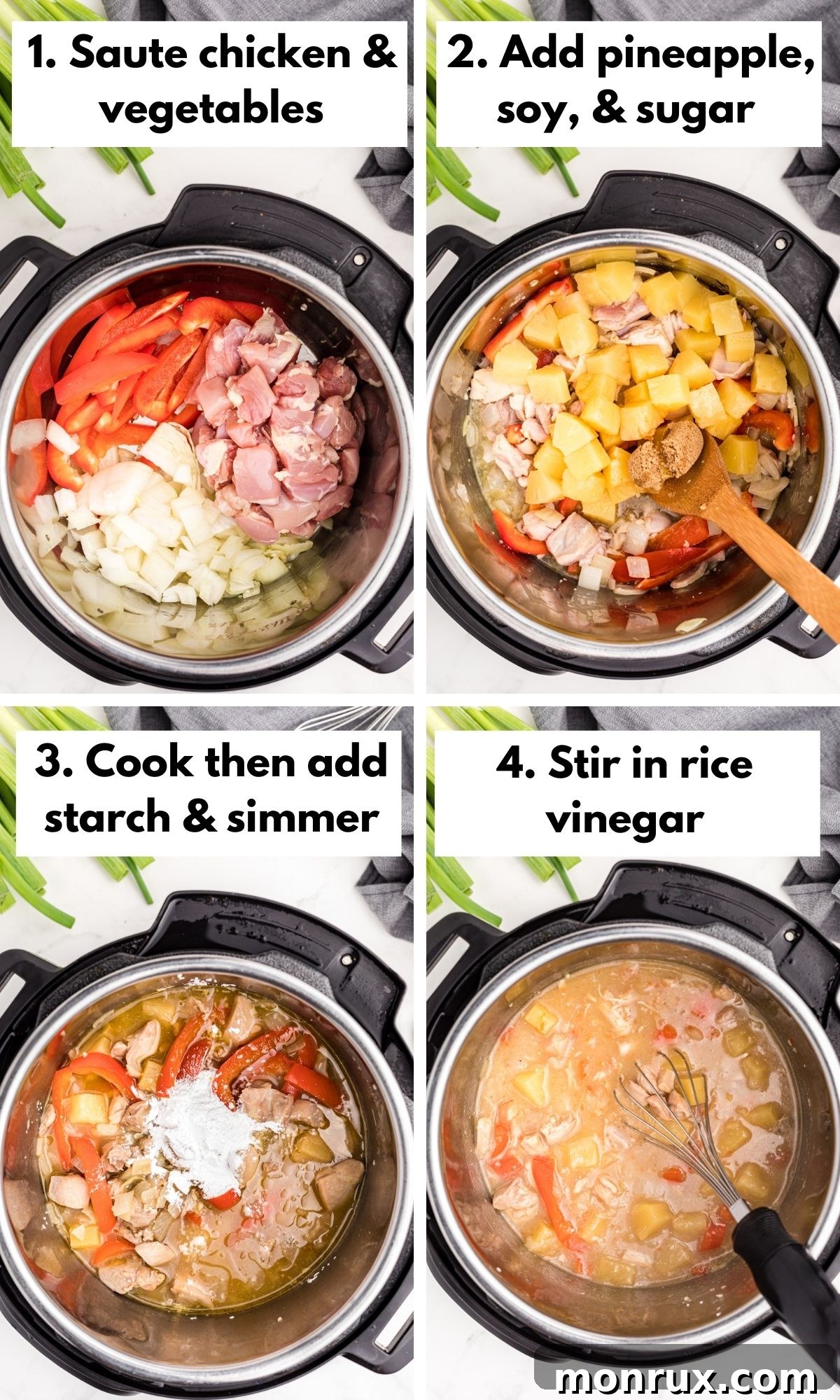Collage of step-by-step photos for making Instant Pot Pineapple Chicken.