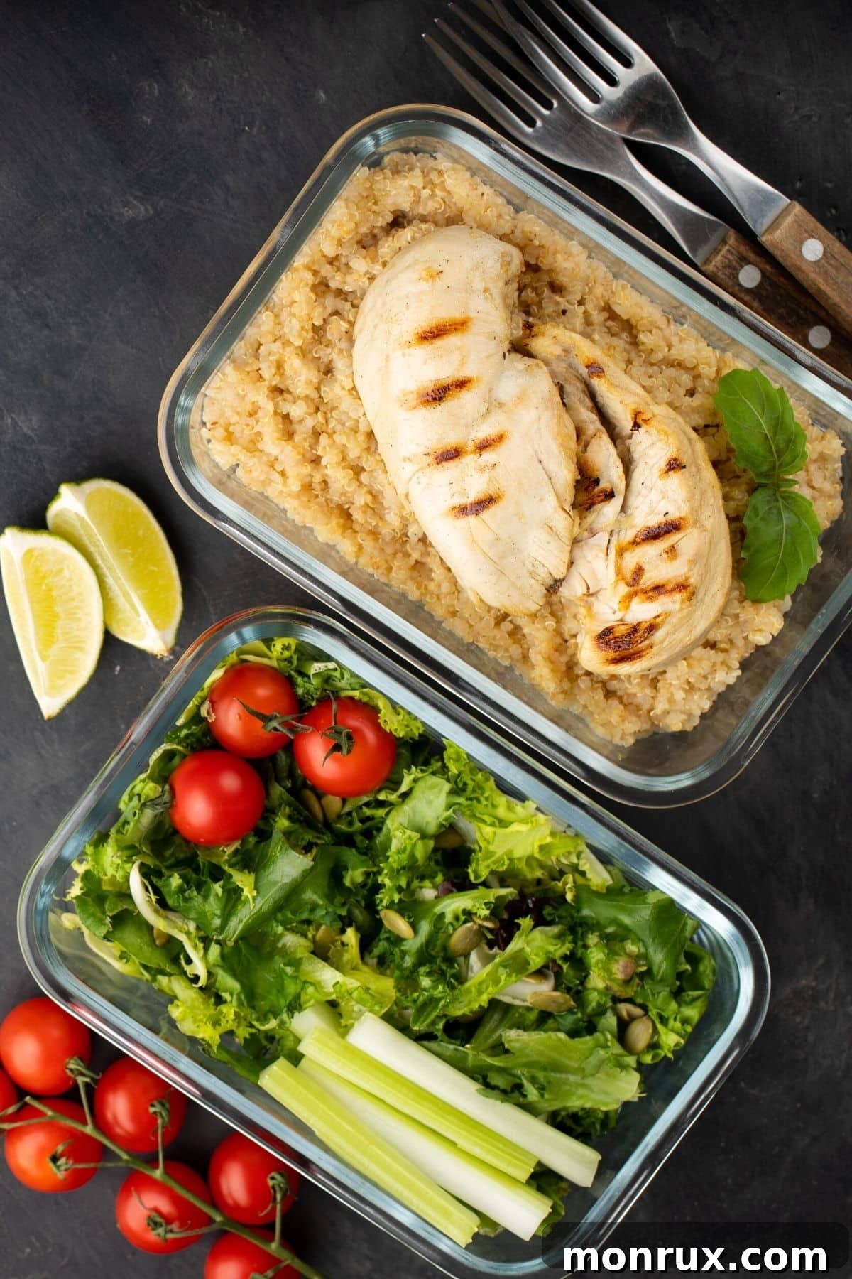 Two neatly arranged glass bowls containing various meal prep foods, highlighting portion control.