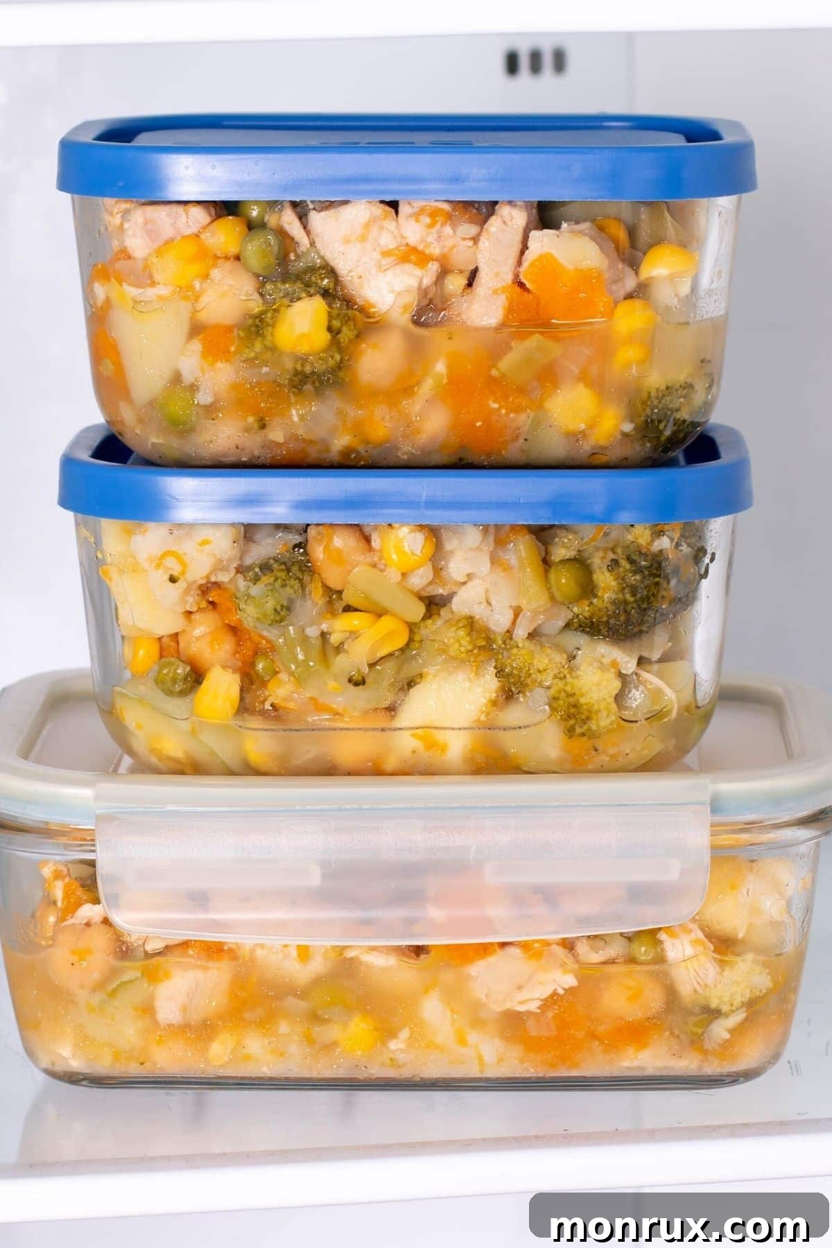 Containers of leftover soup neatly stacked in a refrigerator, ready for easy reheating.