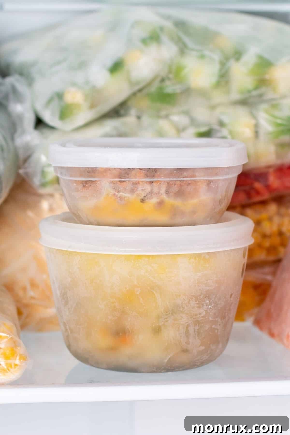 Two pre-portioned meal prep containers neatly stored in a freezer, ready for future meals.