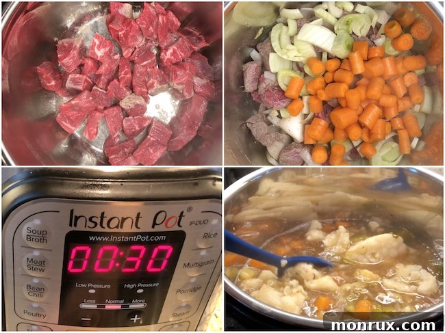 Images showing the process of making Instant Pot venison stew, from sautéing meat to adding vegetables.
