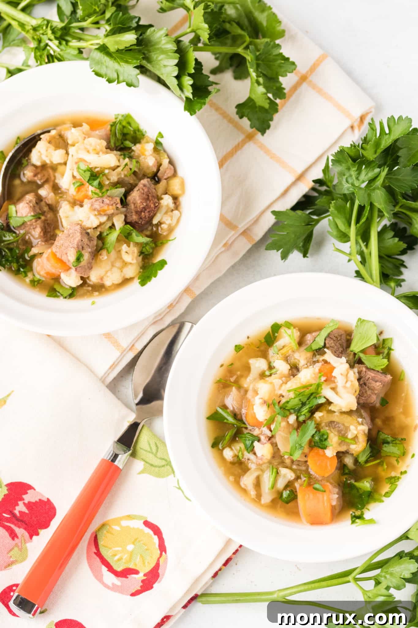 Two steaming bowls of venison and vegetable stew, garnished and ready to be served.
