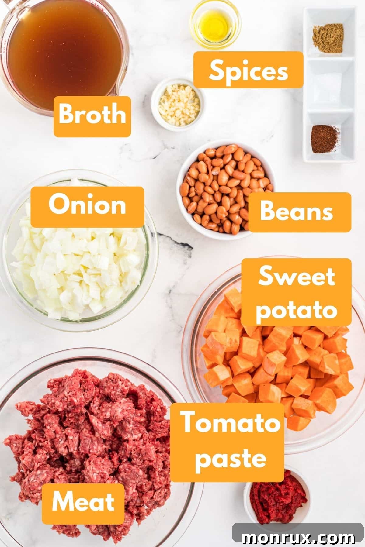 ingredients with labels to make instant pot sweet potato chili with beef.