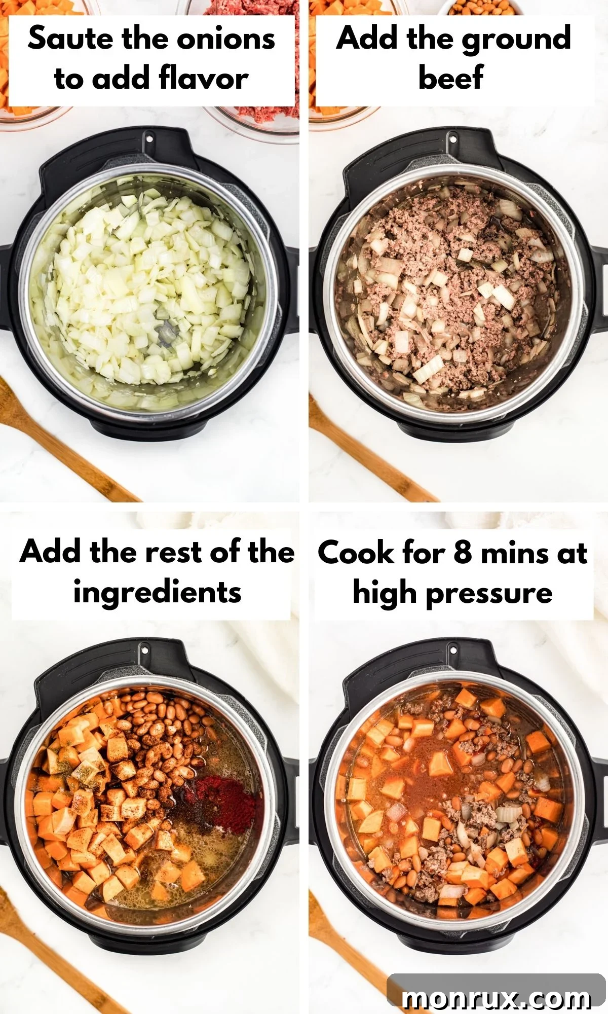 process photos for instant pot sweet potato beef chili.