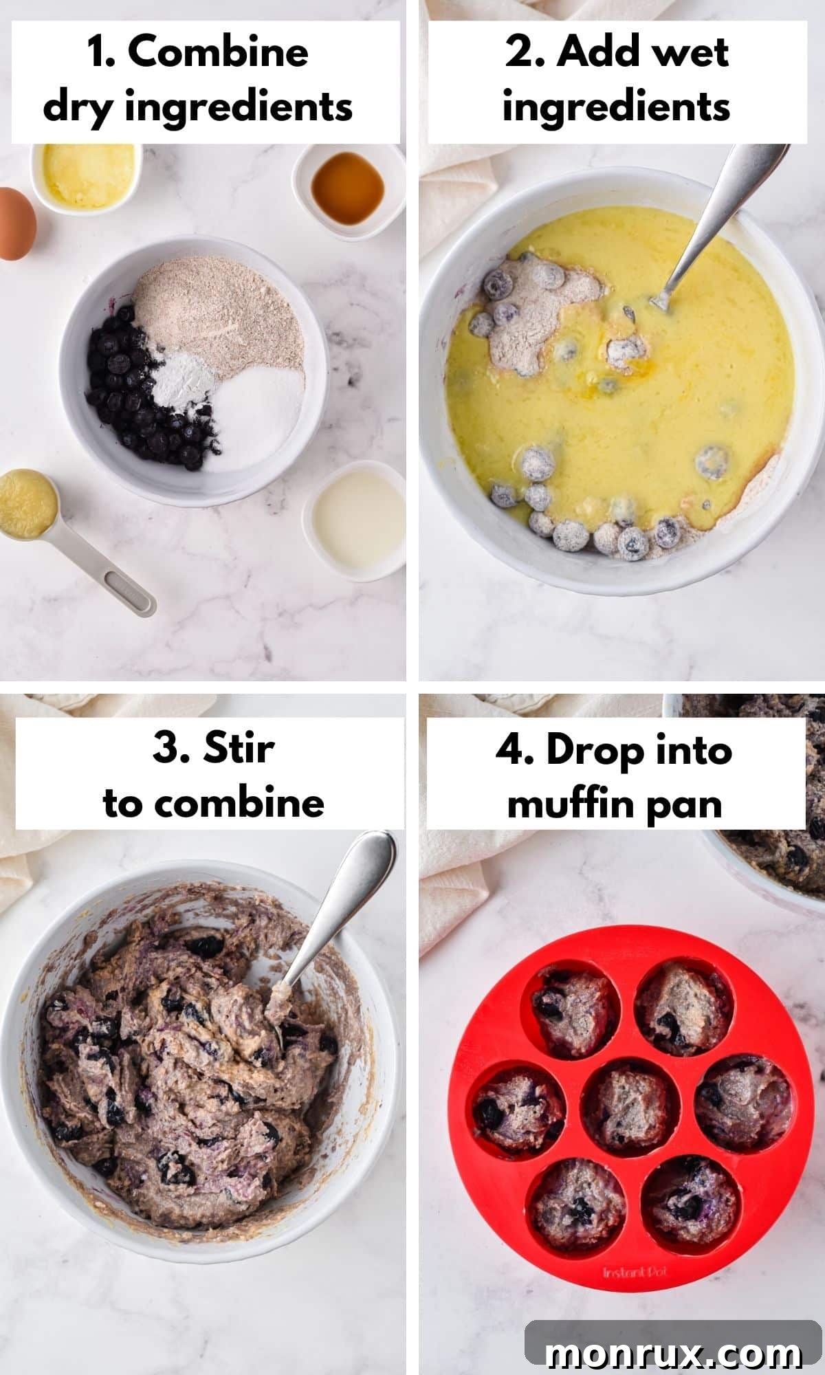 A step-by-step photographic collage showing the process of preparing blueberry muffin batter, from mixing ingredients in a bowl to spooning the batter into a silicone muffin mold.
