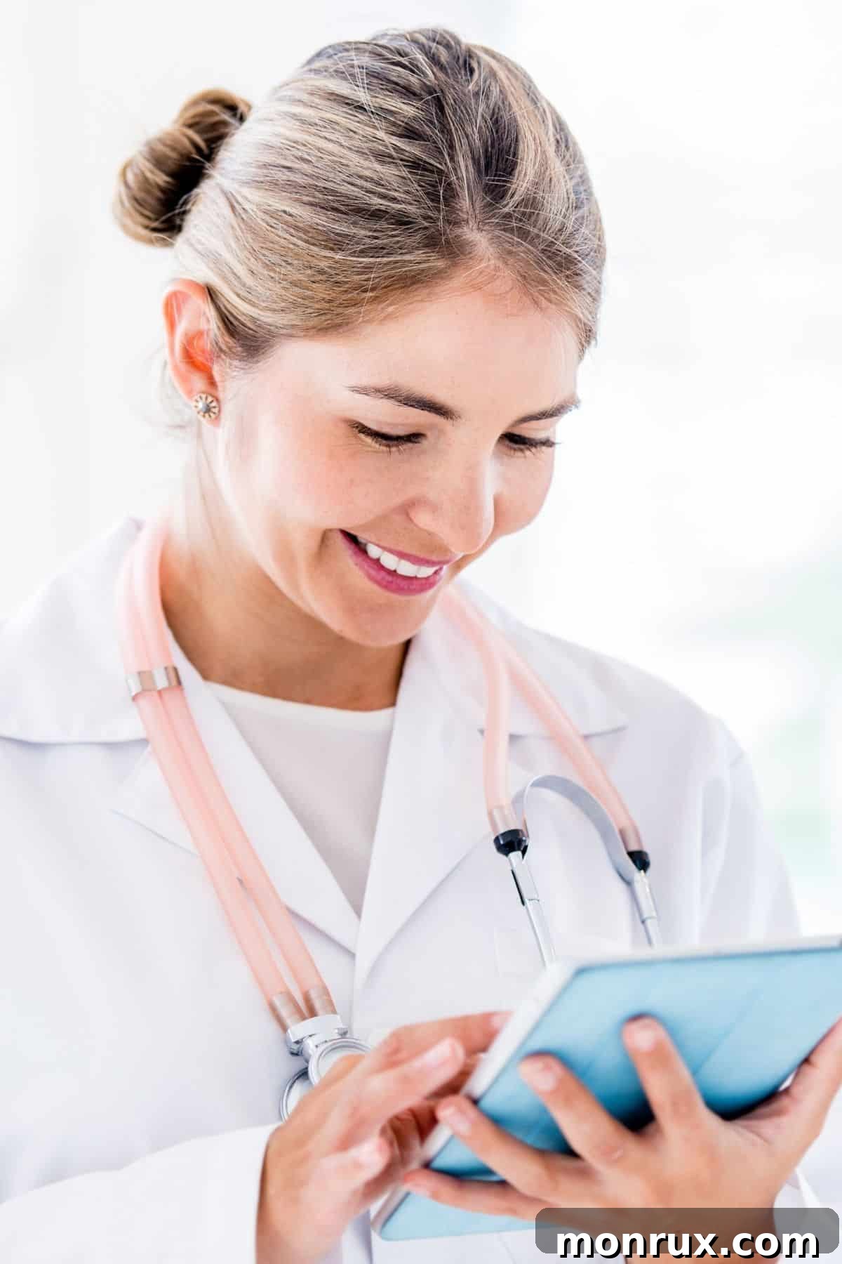 female doctor in a lab coat working on an iPad.