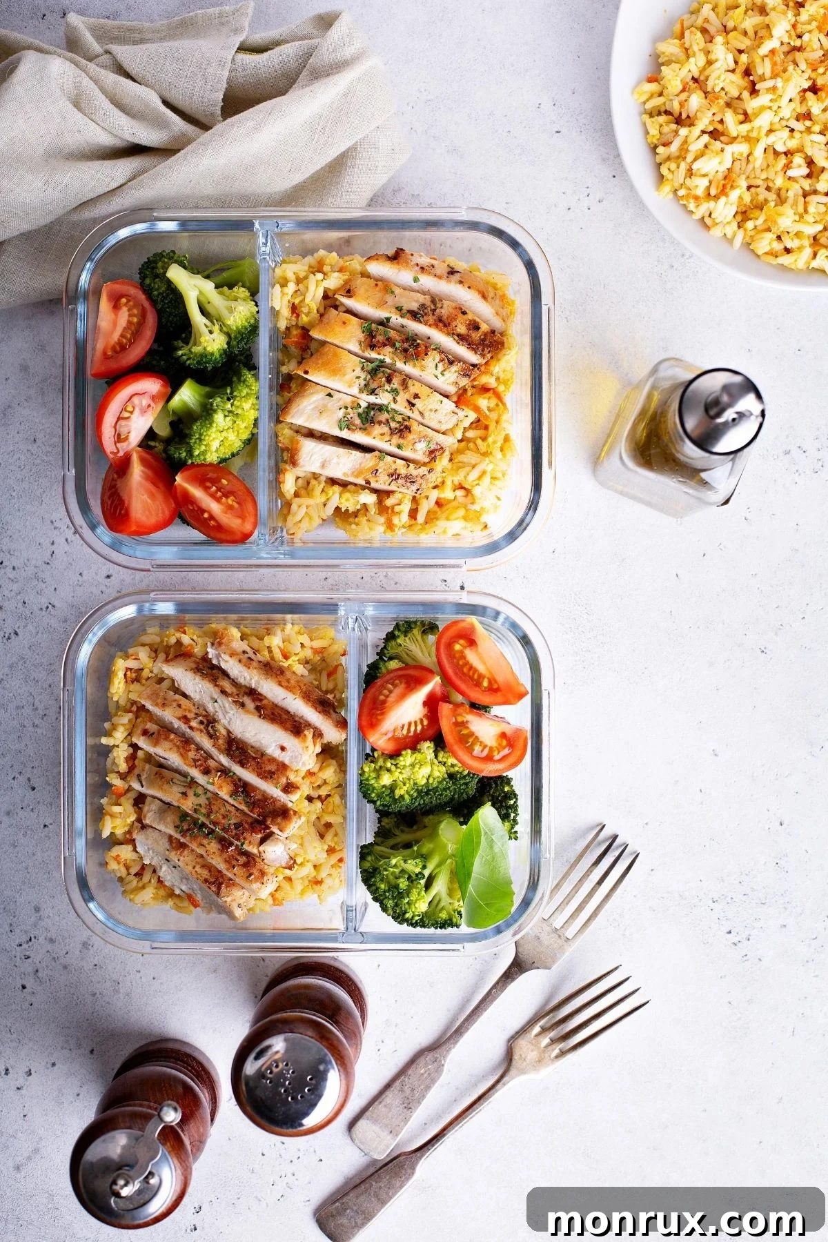 meal prep lunch in glass containers.