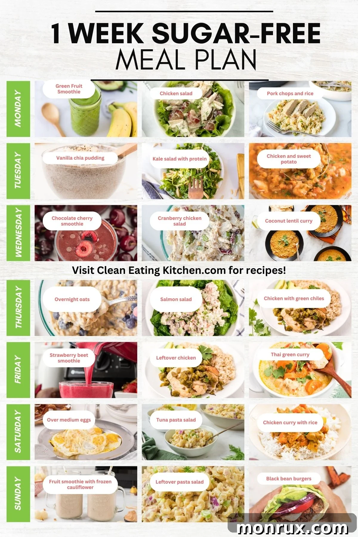one week sugar free meal plan with pictures of meals.