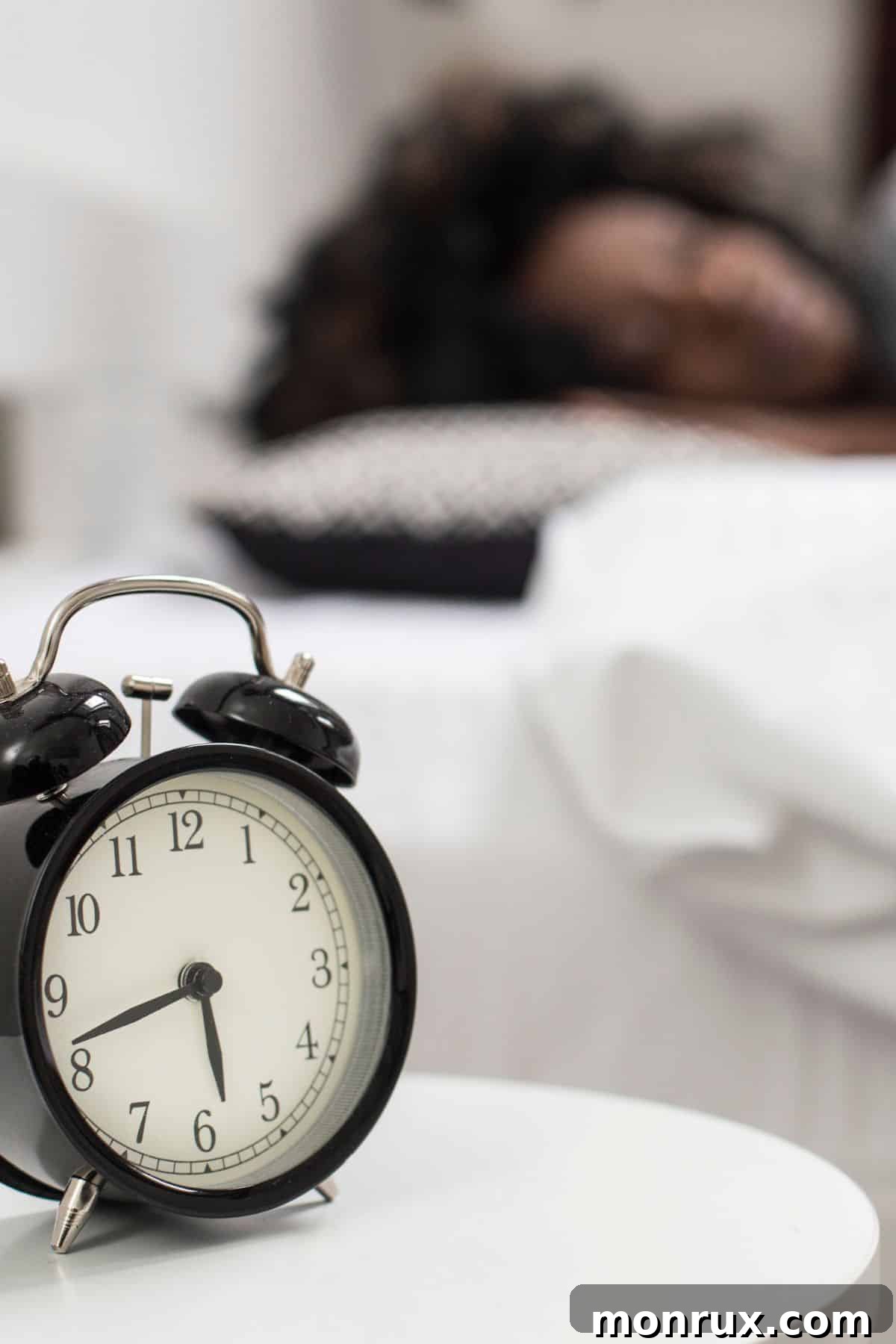 An alarm clock placed next to a bed, emphasizing the importance of prioritizing sleep for health and detox.