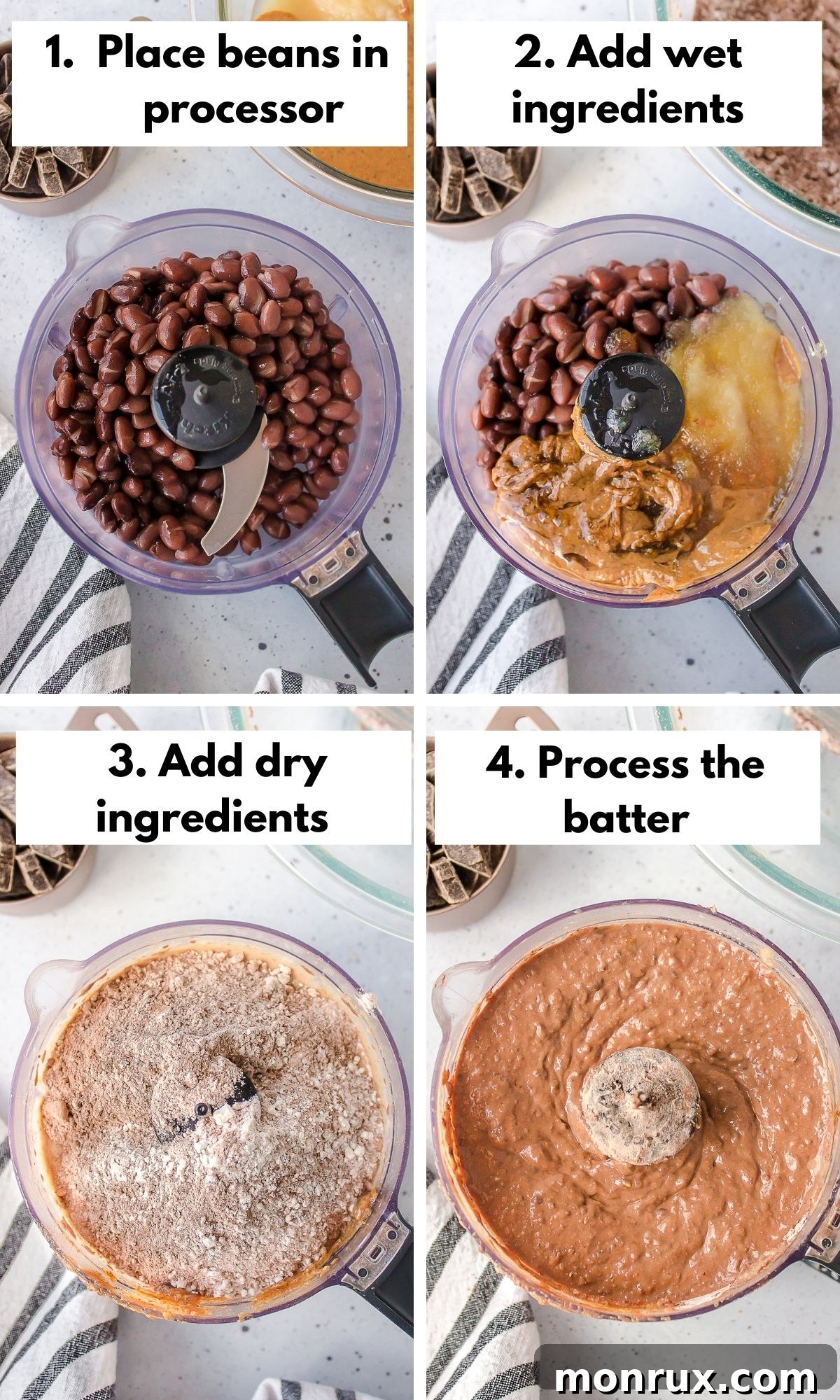 Collage showing four process photos: making flax eggs, blending ingredients, batter in pan, and baked brownies.