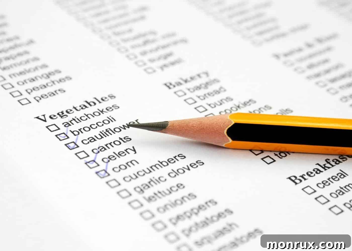 Clean eating grocery list with a pencil on a clipboard, highlighting healthy food shopping