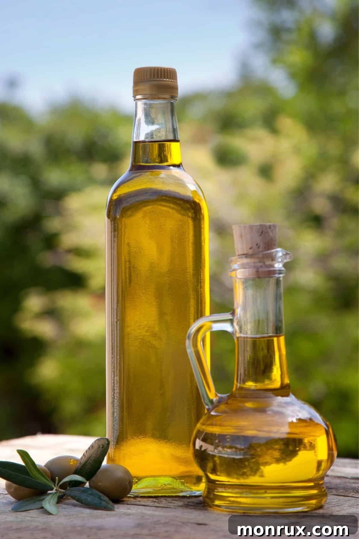 Olive oil bottle and bowls of healthy oils on a table, highlighting clean eating fat sources